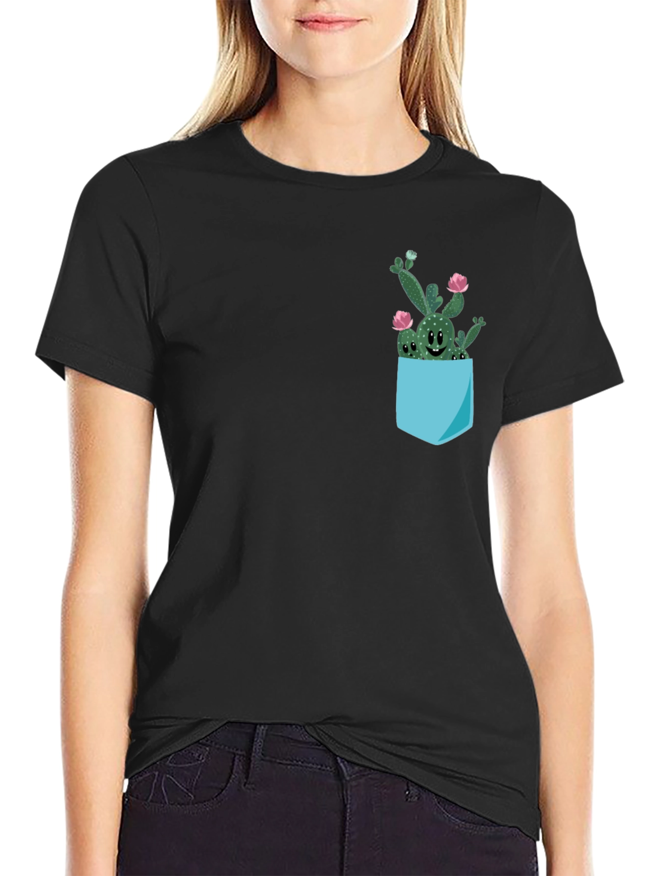 Cute Cactus Pocket Black T-Shirt