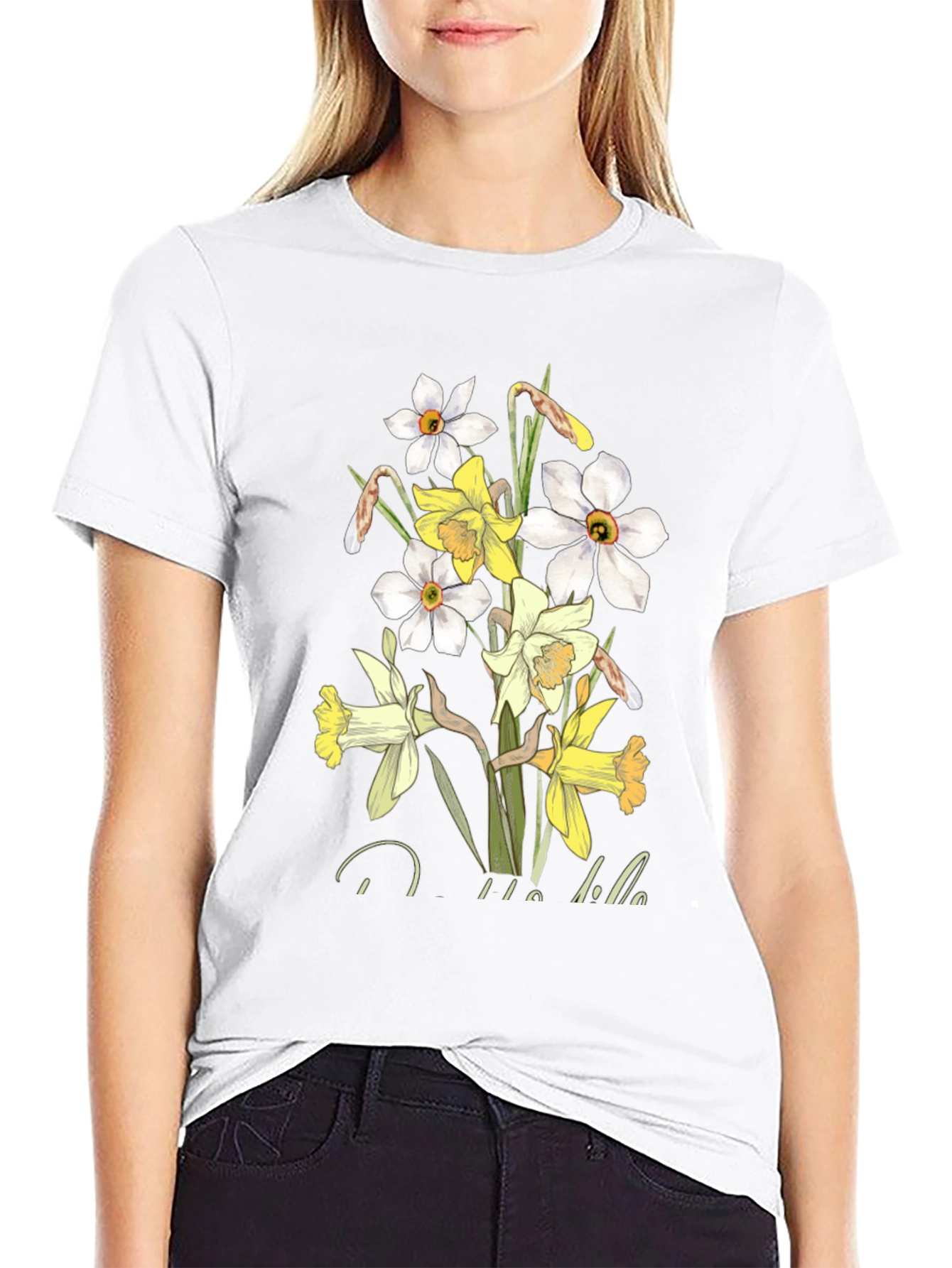 Floral Daffodil Graphic Print Black T-Shirt