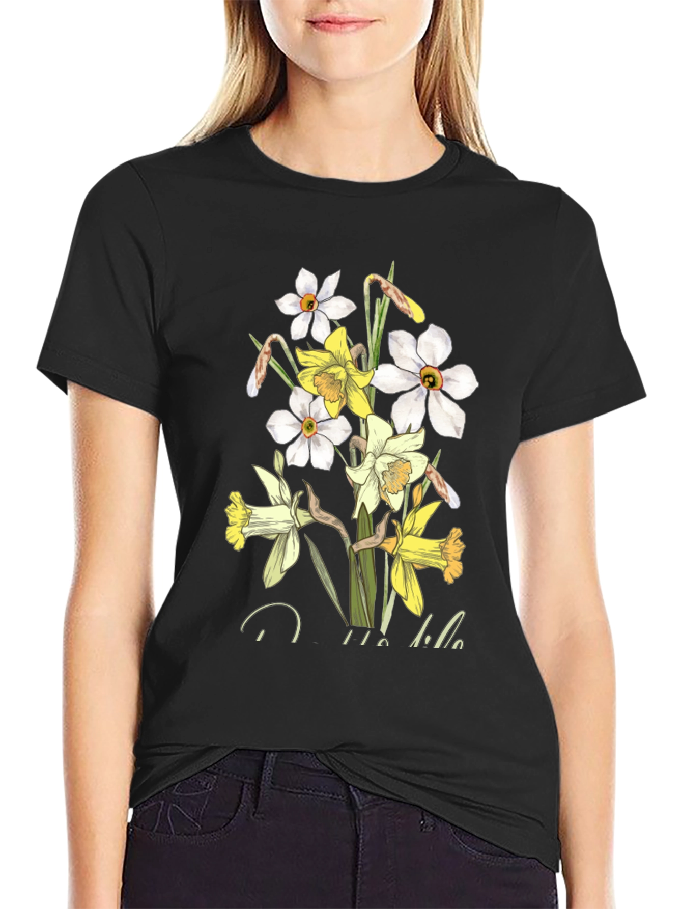 Floral Daffodil Graphic Print Black T-Shirt