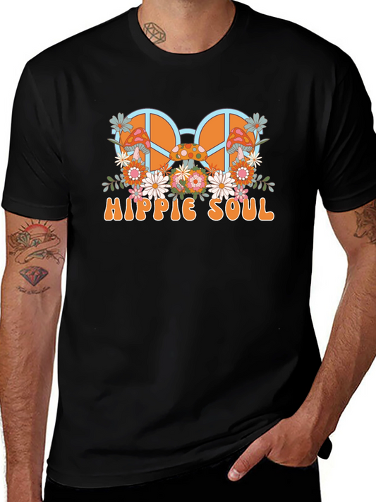 Hippie Soul Graphic T-Shirt - Retro Peace Sign & Mushroom Design