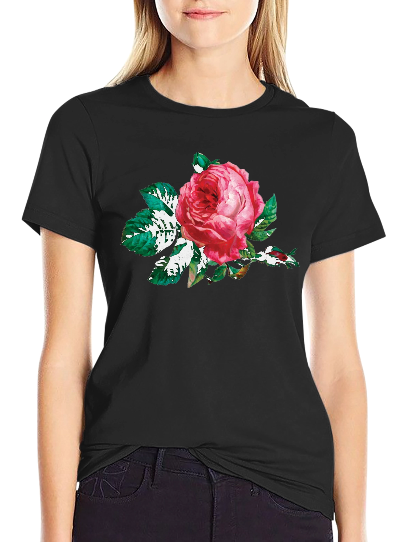 Black T-Shirt with Floral Rose Print