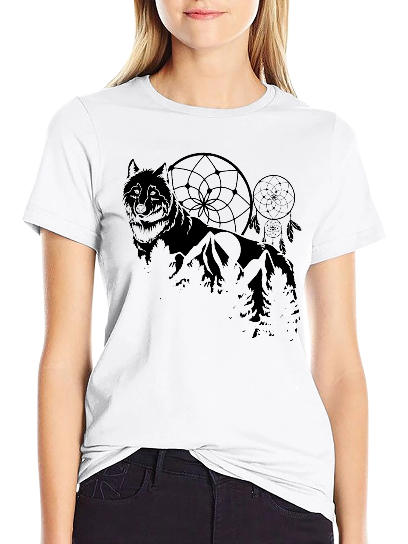 Wolf & Dreamcatcher Graphic Print Black T-Shirt