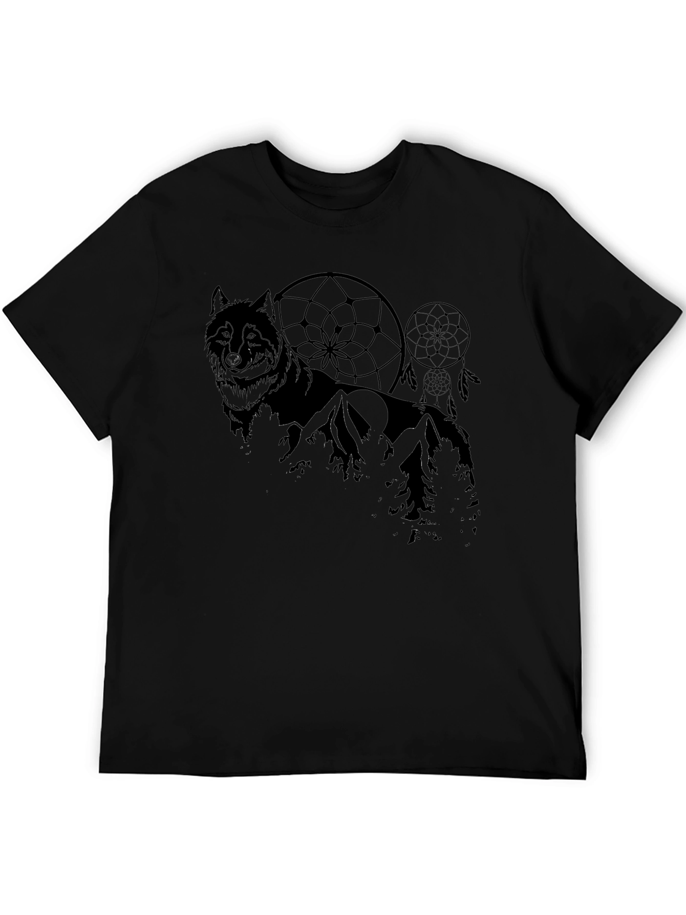 Wolf & Dreamcatcher Graphic Print Black T-Shirt