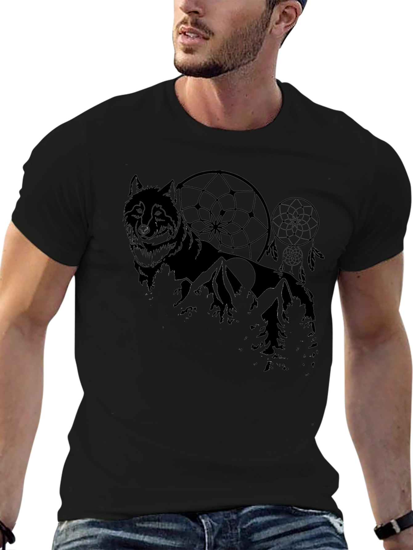 Wolf & Dreamcatcher Graphic Print Black T-Shirt