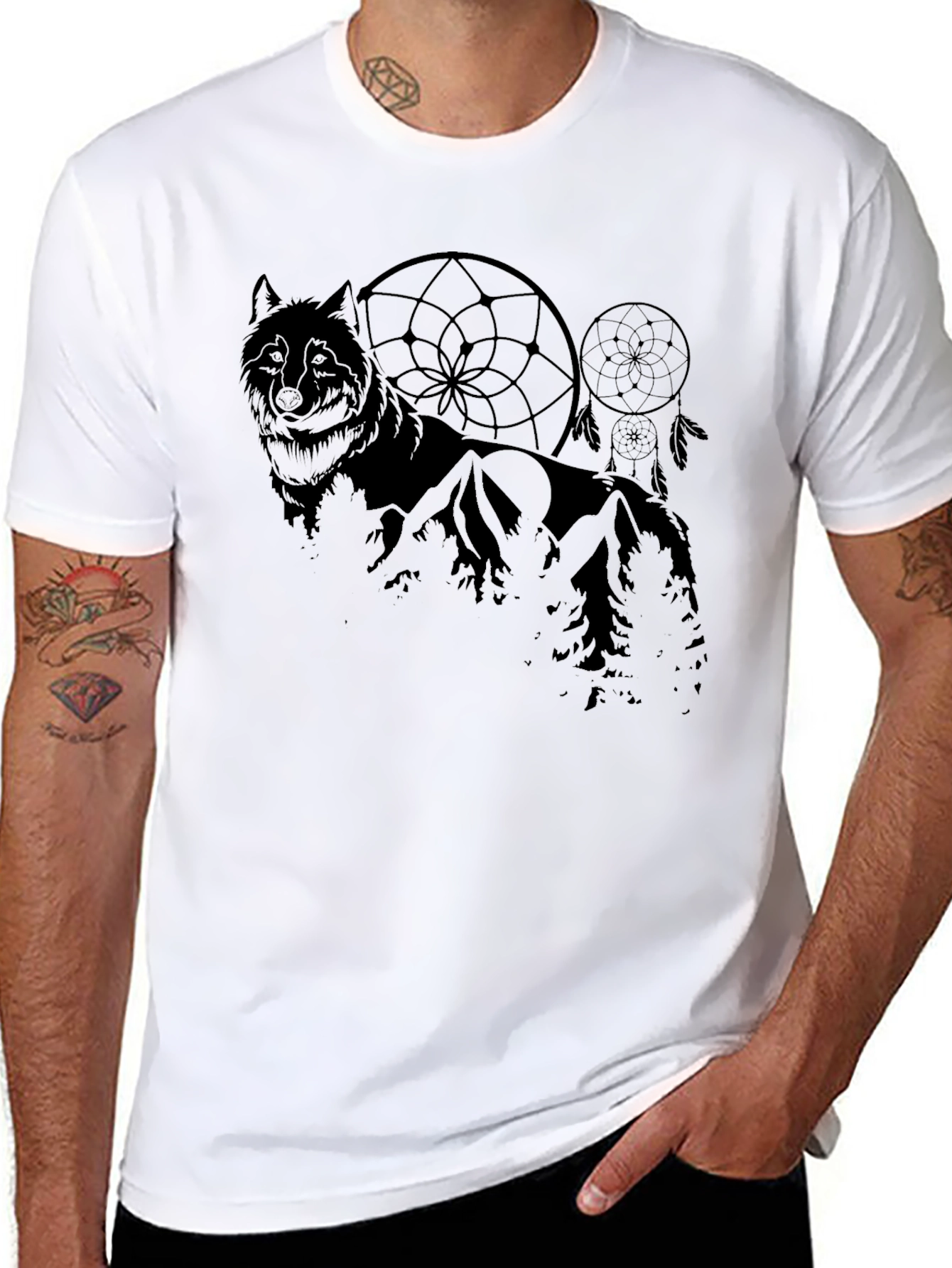 Wolf & Dreamcatcher Graphic Print Black T-Shirt