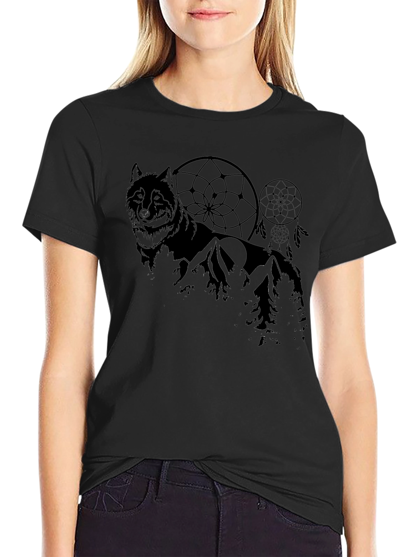 Wolf & Dreamcatcher Graphic Print Black T-Shirt