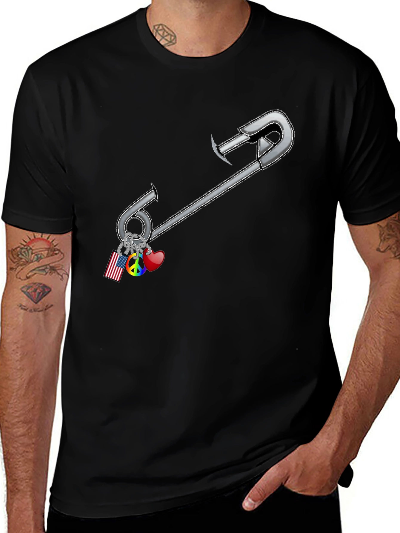 Safety Pin Charm Graphic Tee - Black Cotton Blend