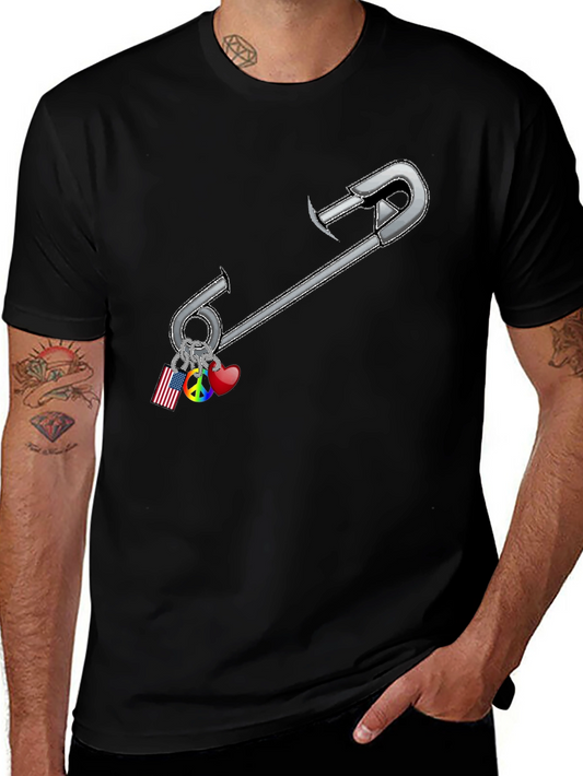 Safety Pin Charm Graphic Tee - Black Cotton Blend