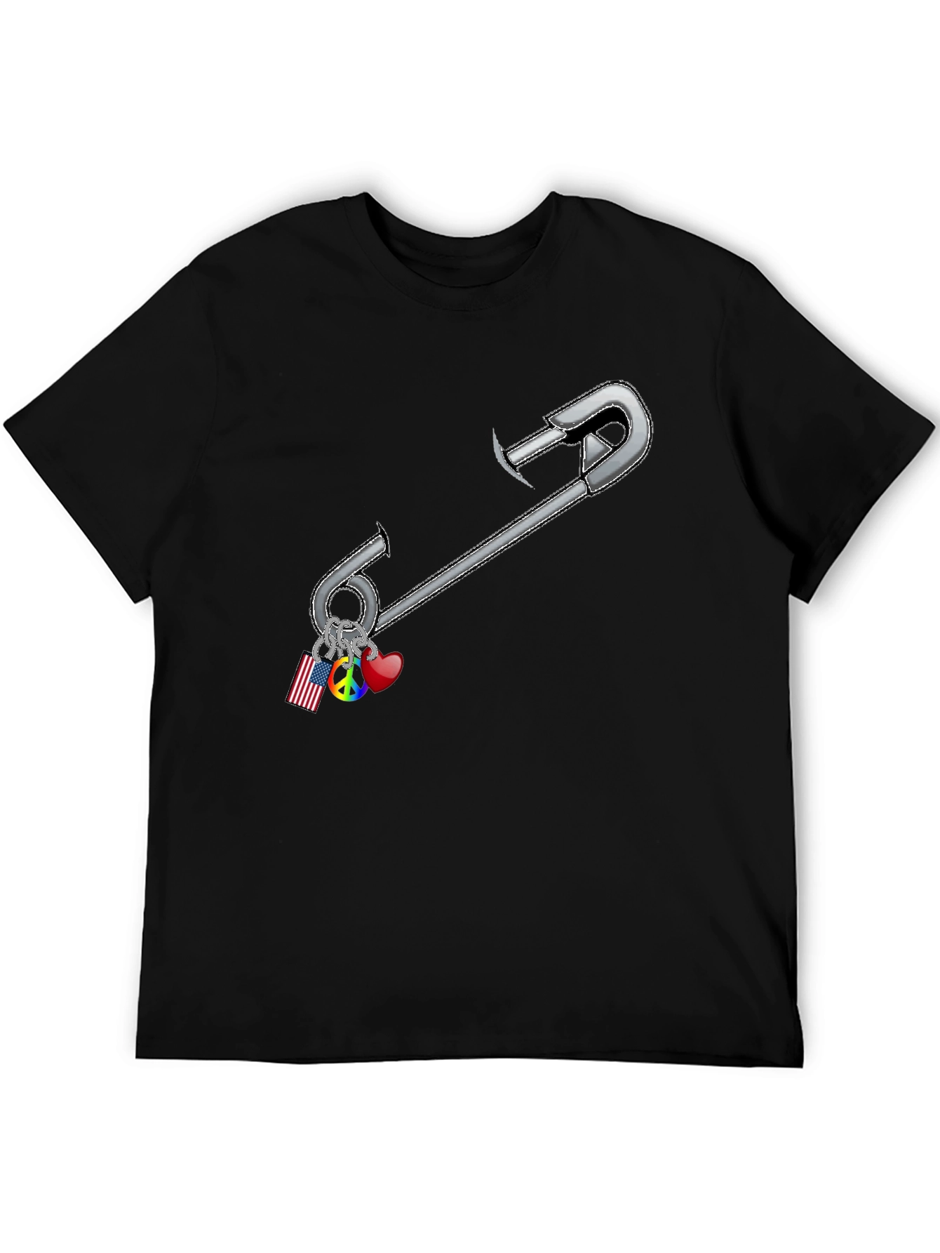 Safety Pin Charm Graphic Tee - Black Cotton Blend