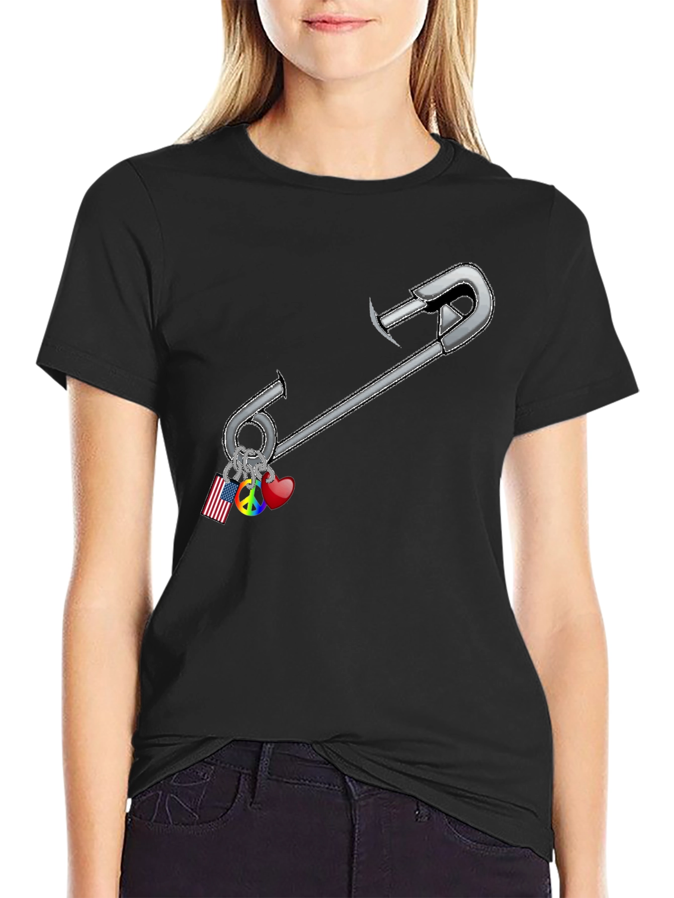 Safety Pin Charm Graphic Tee - Black Cotton Blend