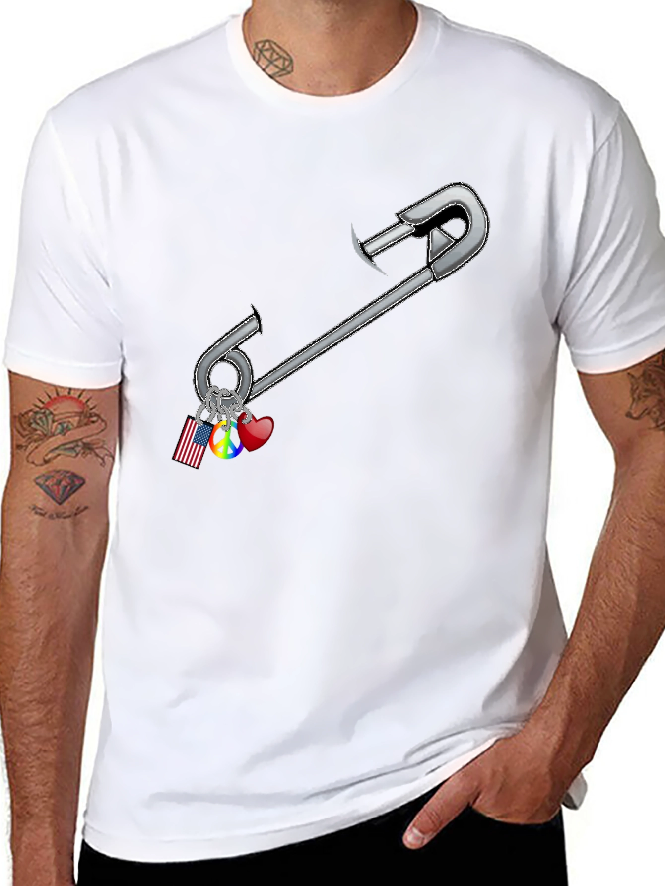 Safety Pin Charm Graphic Tee - Black Cotton Blend