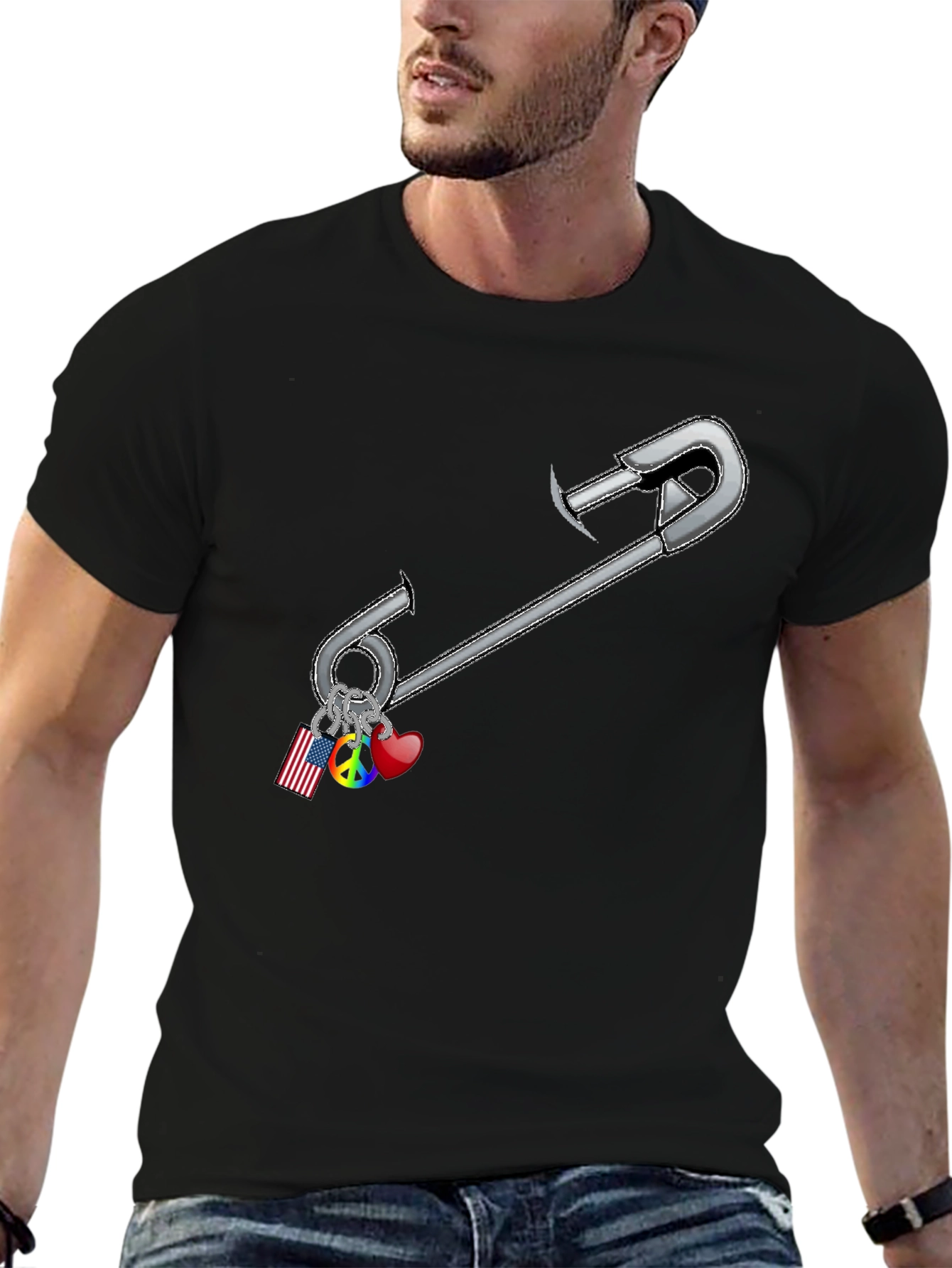 Safety Pin Charm Graphic Tee - Black Cotton Blend
