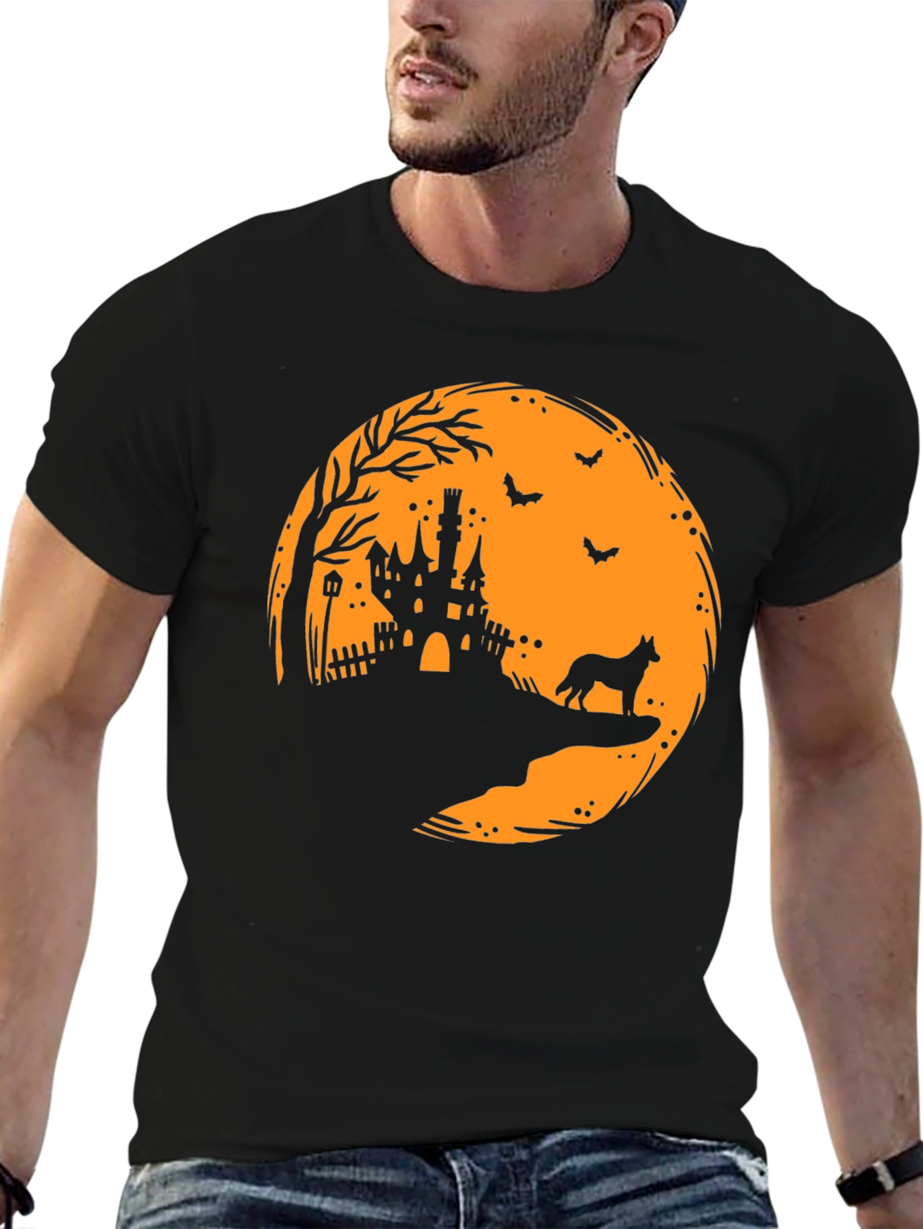Halloween Moon Castle Dog Silhouette T-Shirt