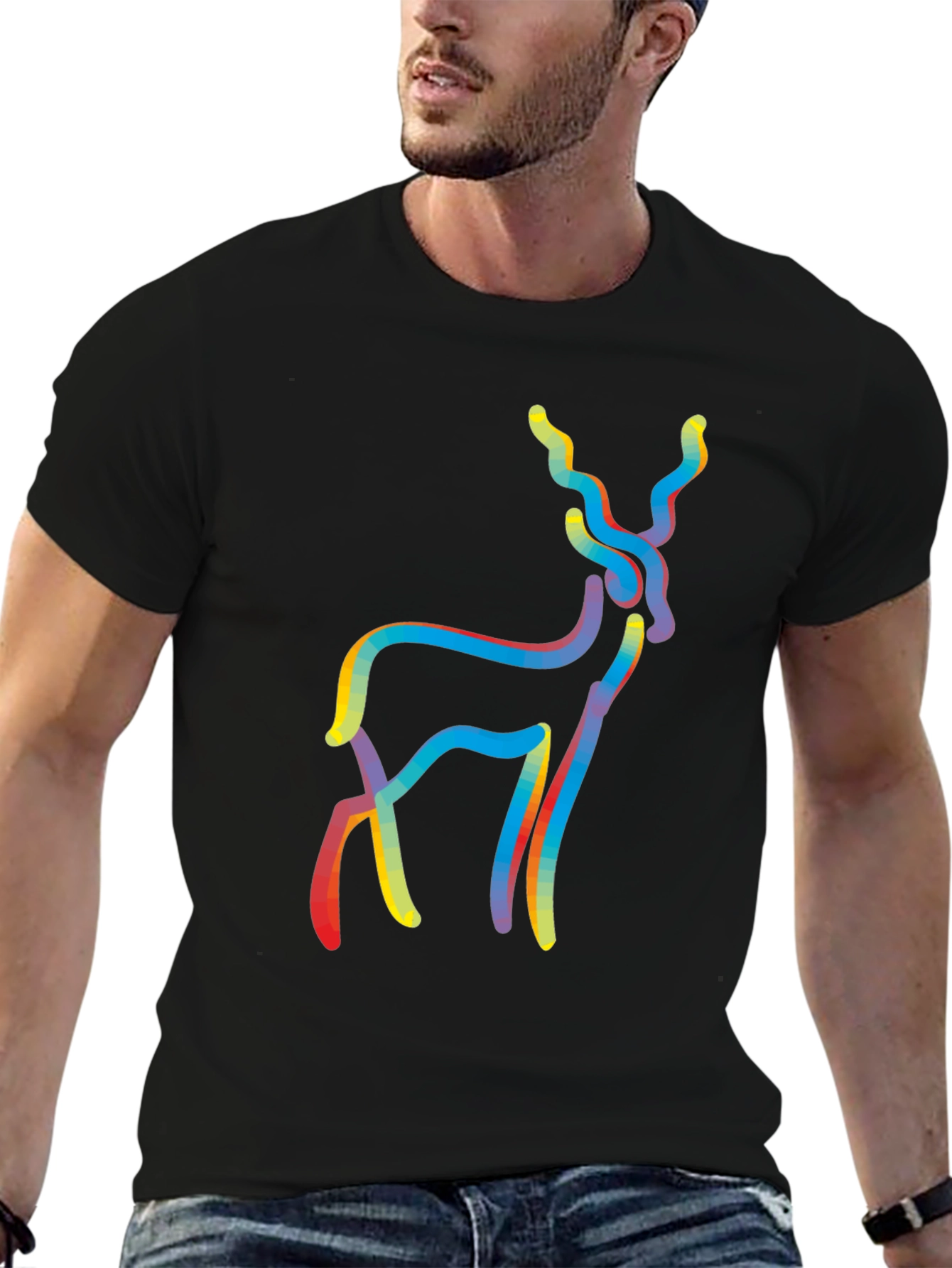 Mens Black Deer Graphic Tee - Abstract Style