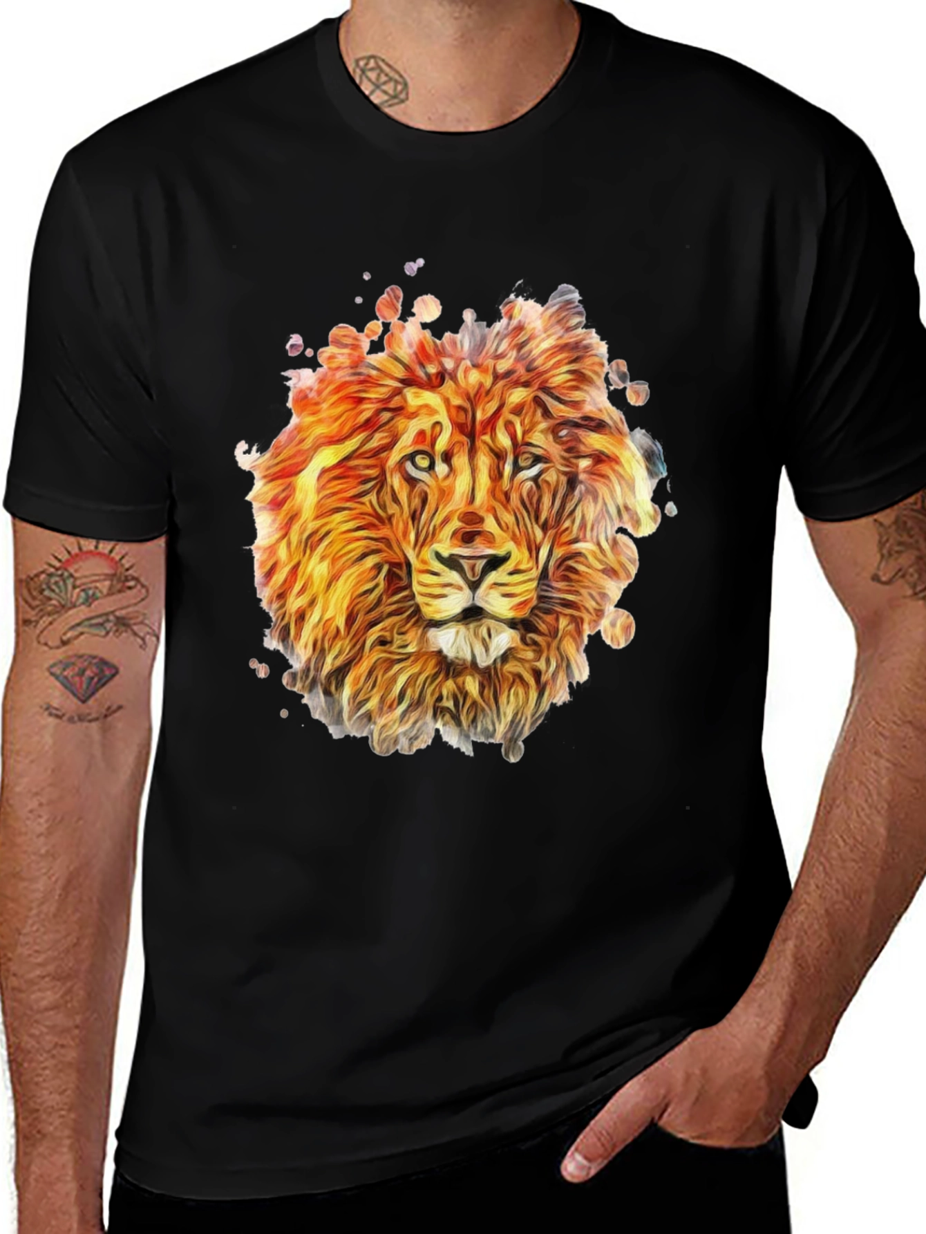 Lion Graphic Print Tee - Mens Black Crewneck T-Shirt