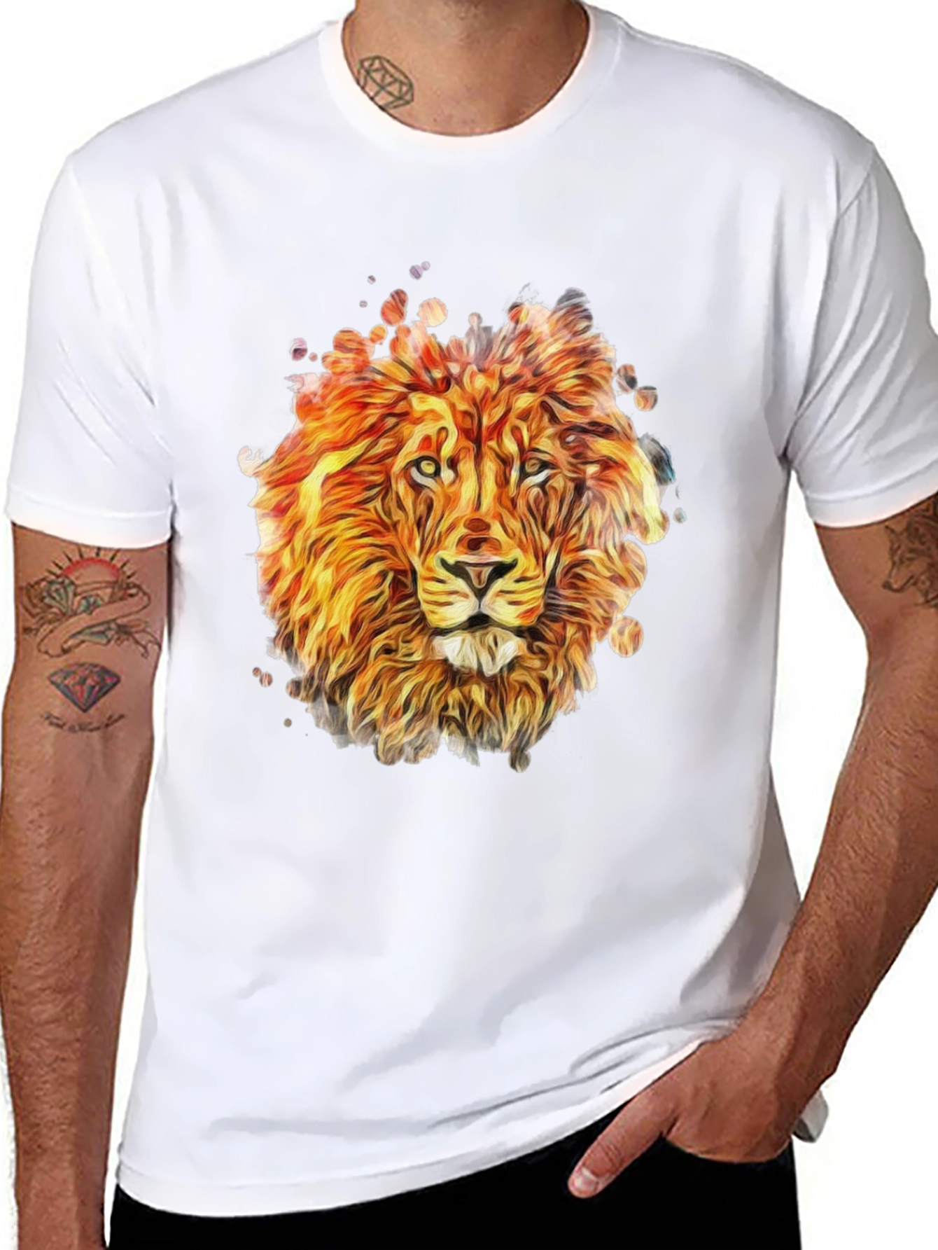 Lion Graphic Print Tee - Mens Black Crewneck T-Shirt