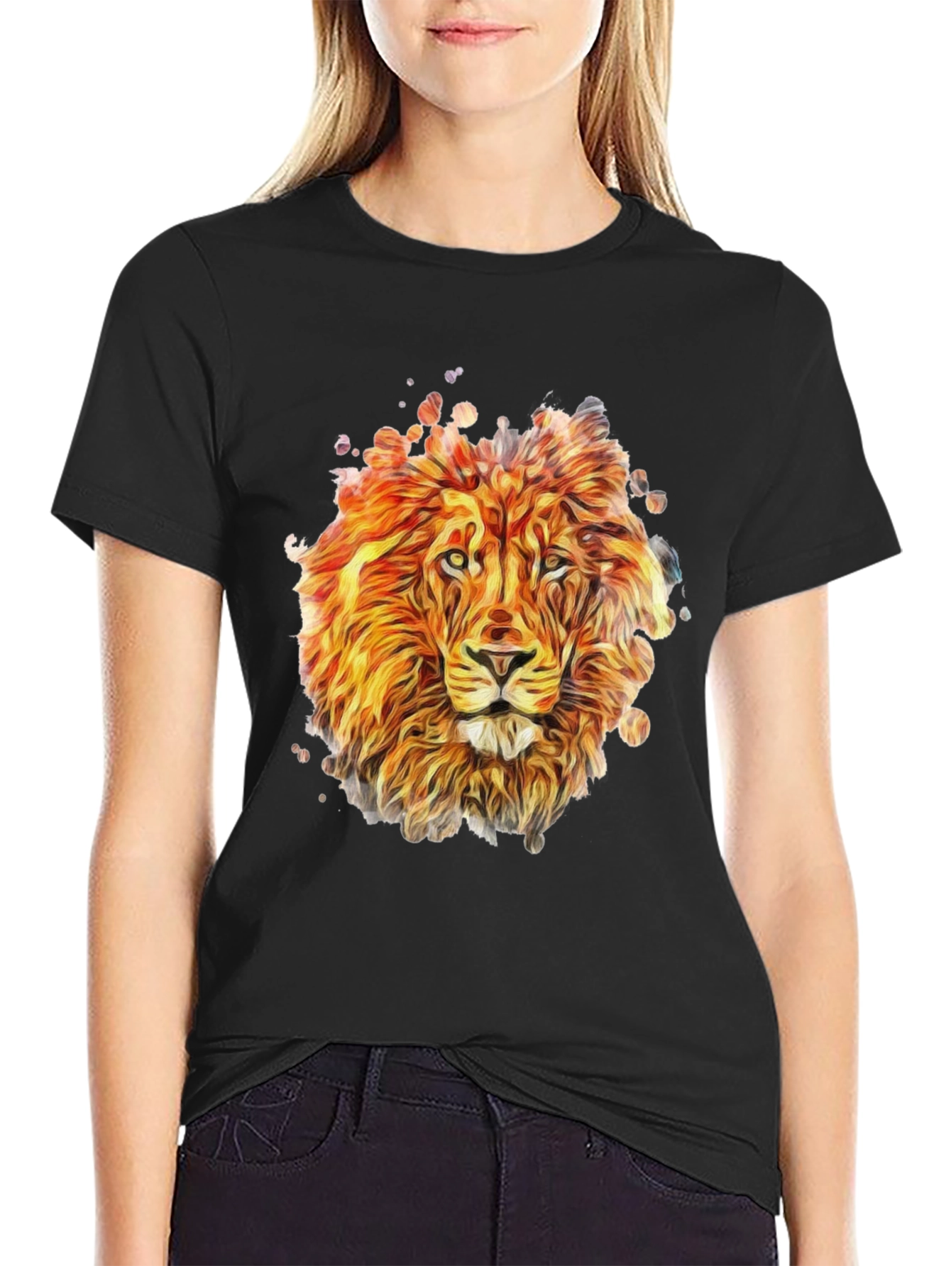 Lion Graphic Print Tee - Mens Black Crewneck T-Shirt