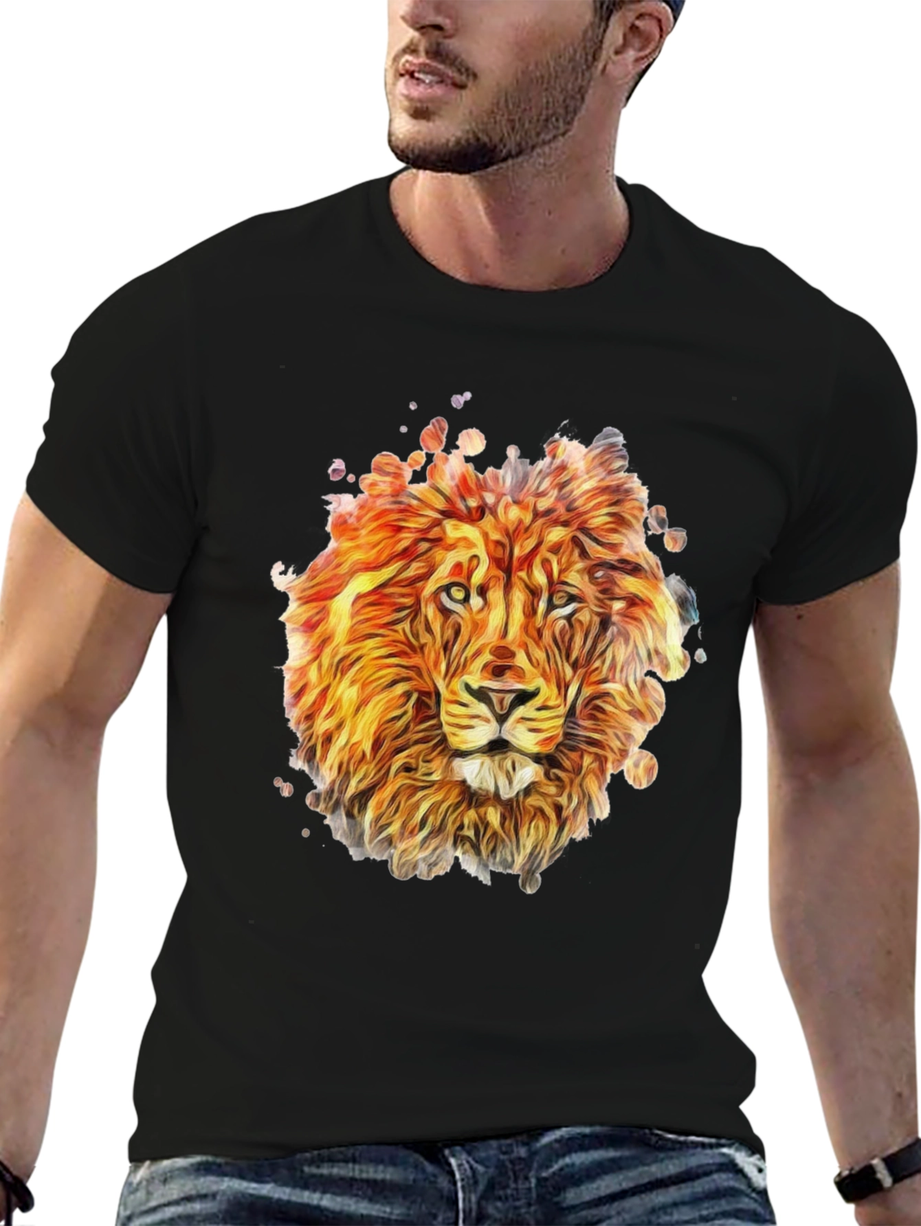 Lion Graphic Print Tee - Mens Black Crewneck T-Shirt