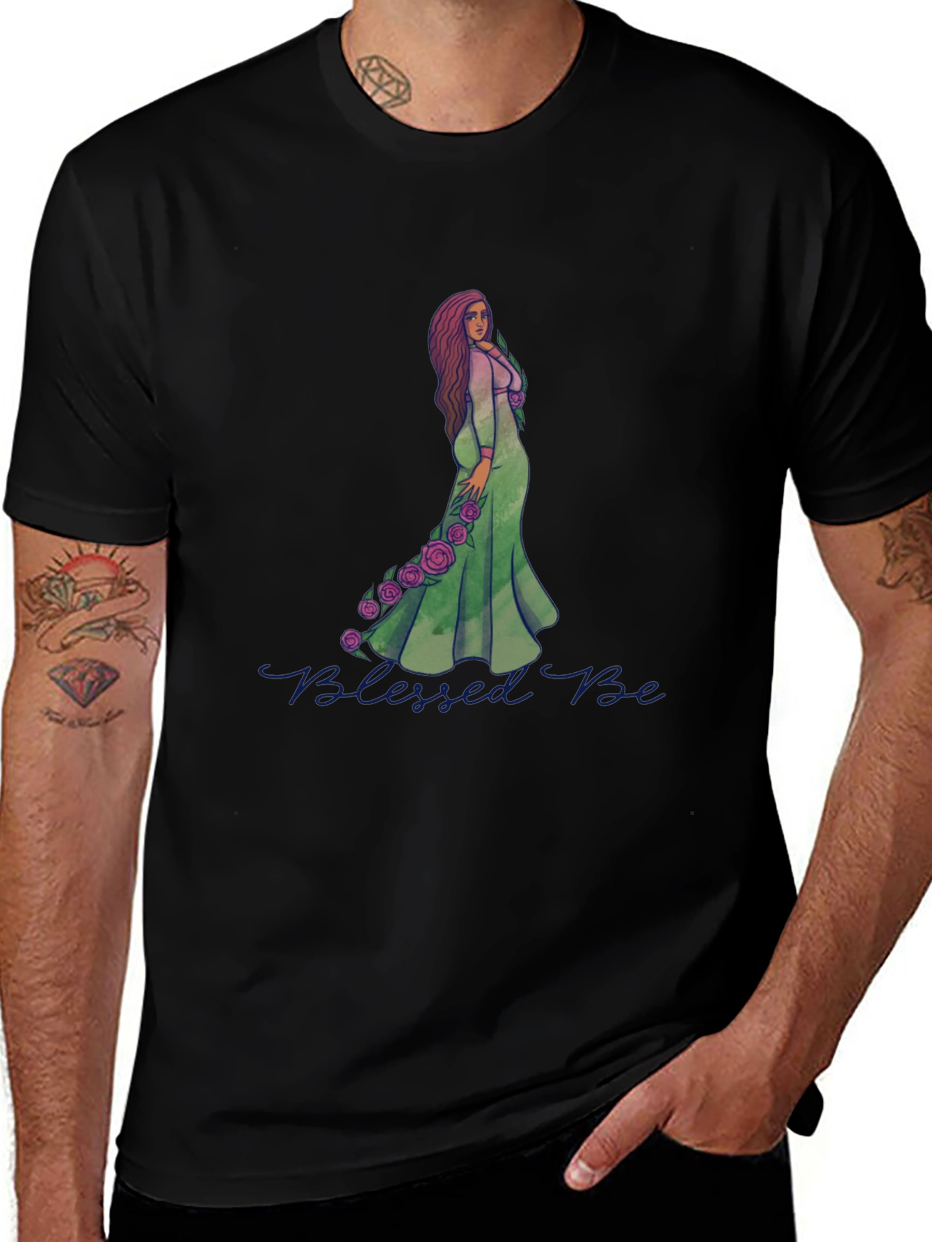 Blessed Be Graphic Tee - Green Dress Rose Design