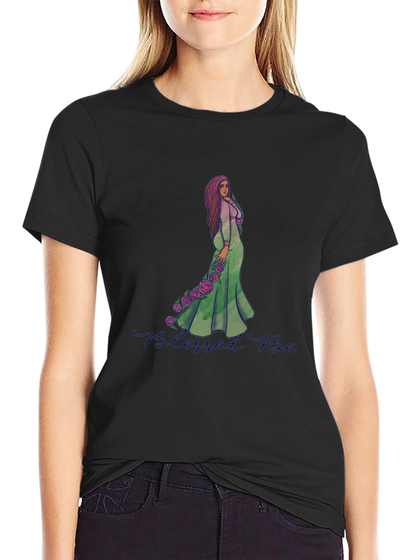 Blessed Be Graphic Tee - Green Dress Rose Design
