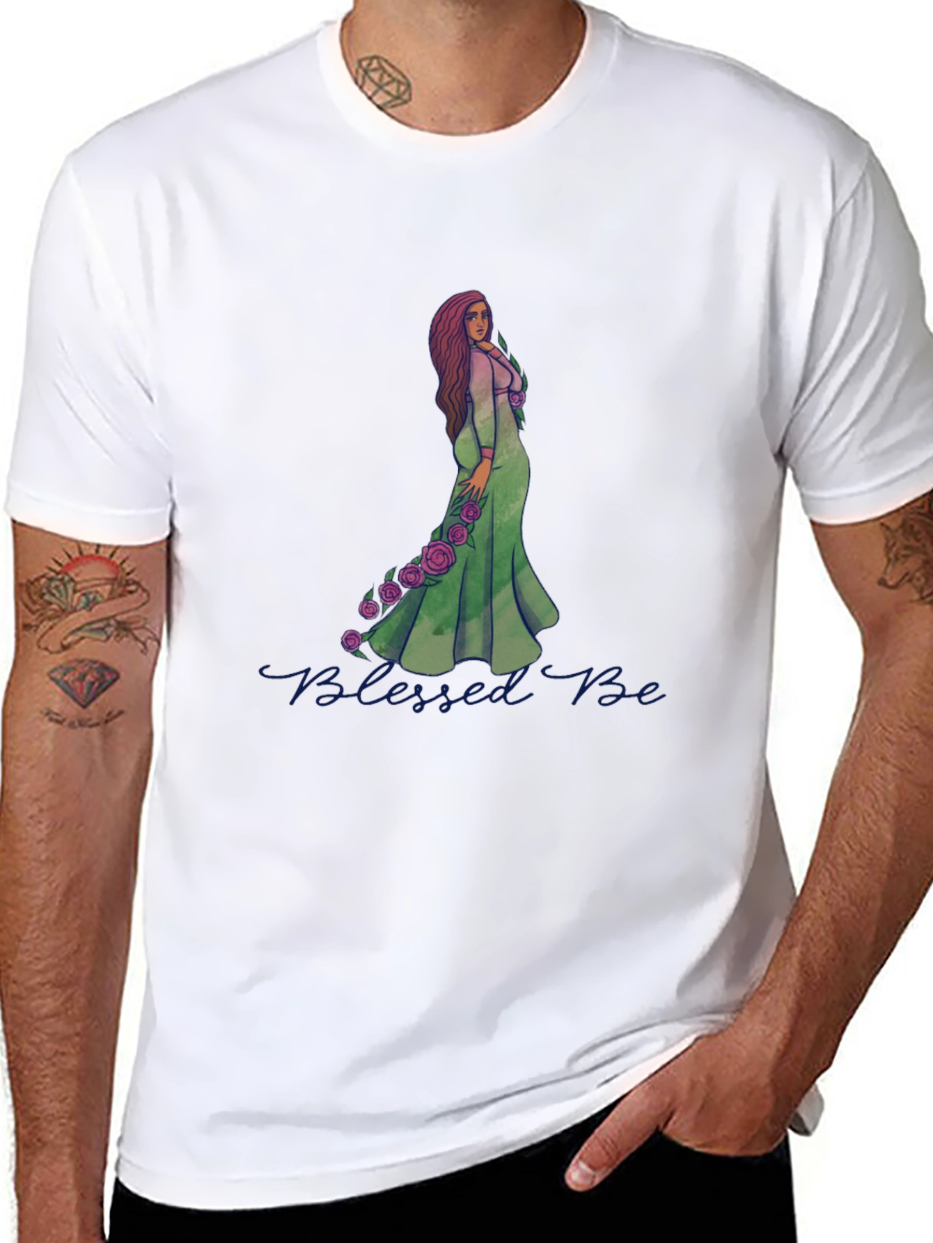 Blessed Be Graphic Tee - Green Dress Rose Design
