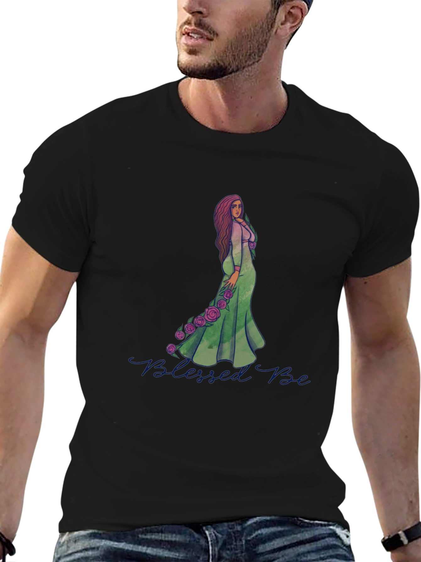 Blessed Be Graphic Tee - Green Dress Rose Design