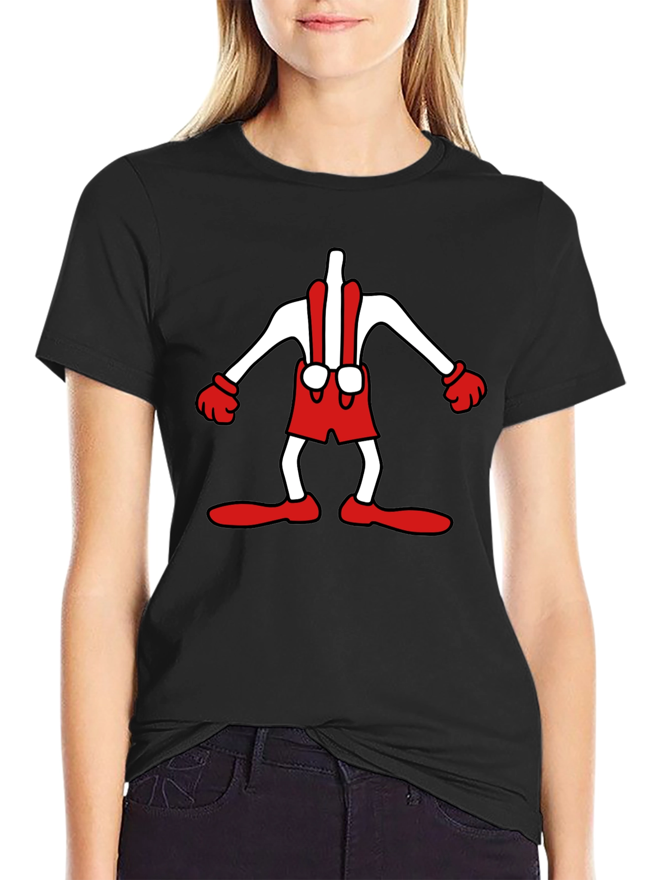 Cartoon Character T-Shirt: Black Crew Neck Tee
