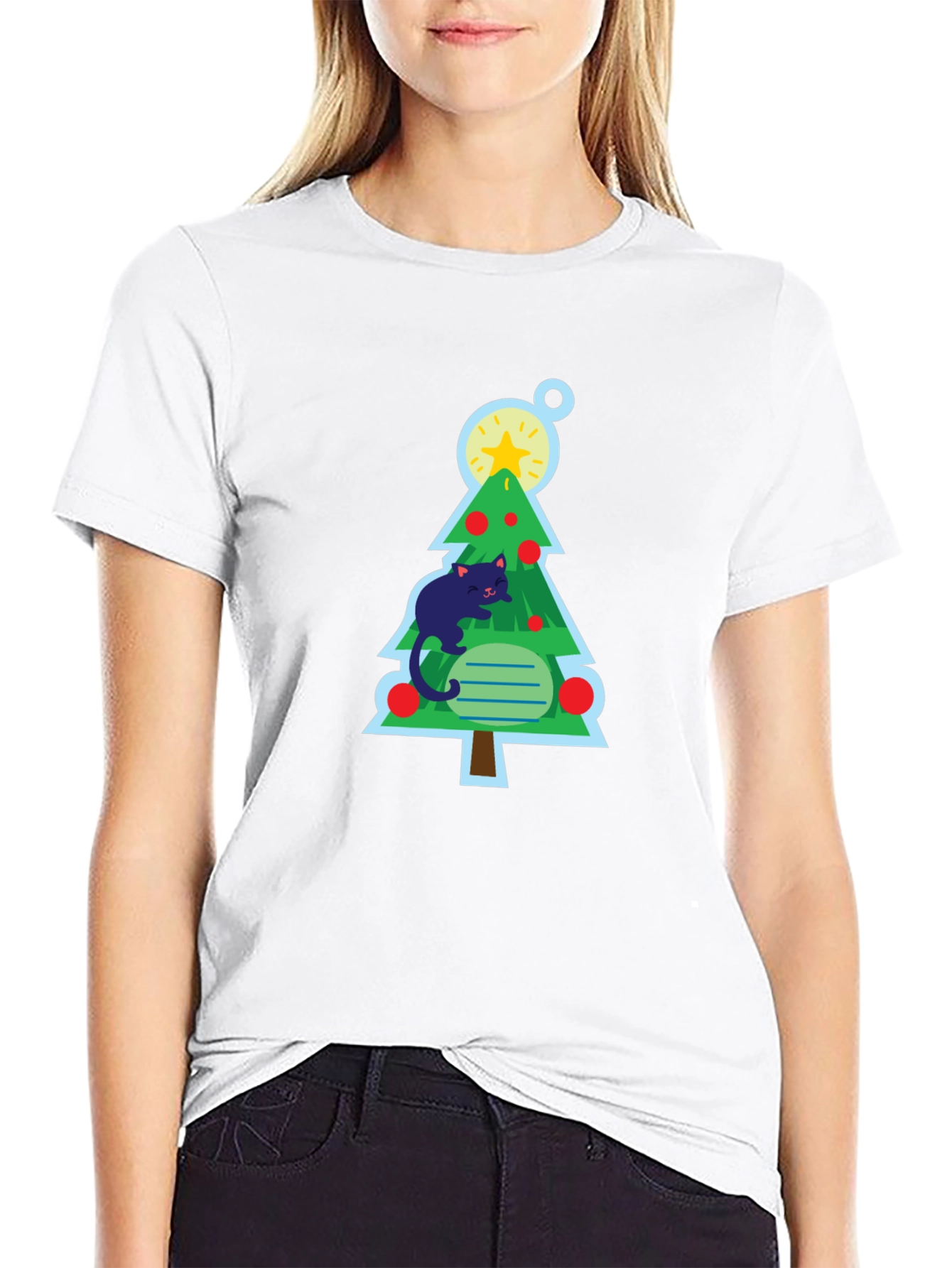 Cat Christmas Tree Black T-Shirt