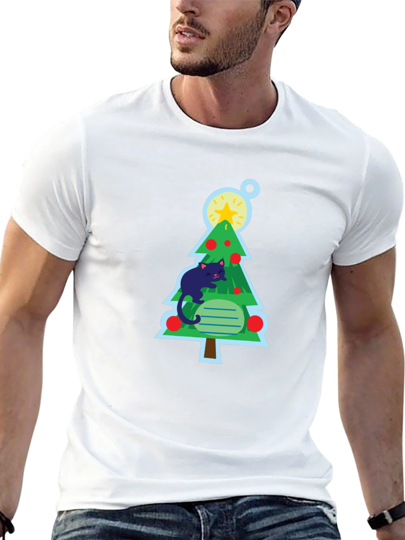 Cat Christmas Tree Black T-Shirt