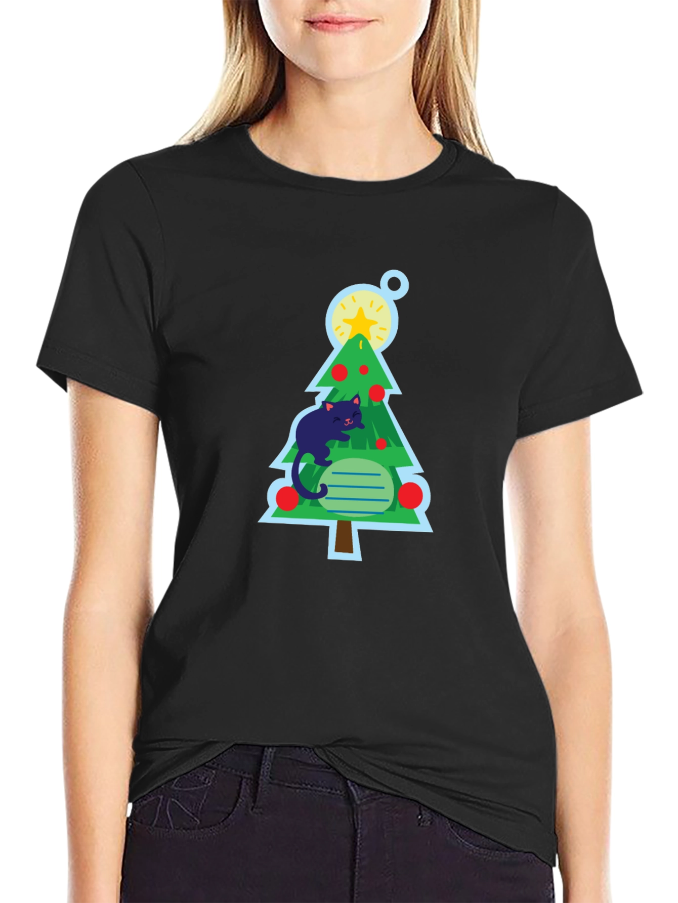 Cat Christmas Tree Black T-Shirt