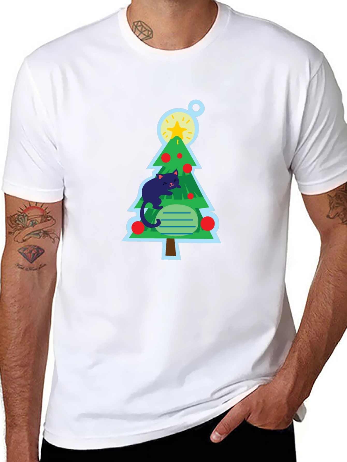 Cat Christmas Tree Black T-Shirt