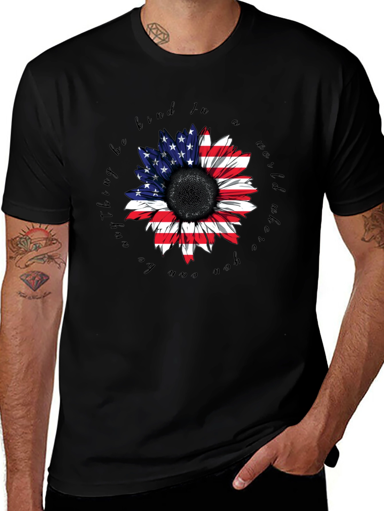 American Flag Sunflower Black T-Shirt