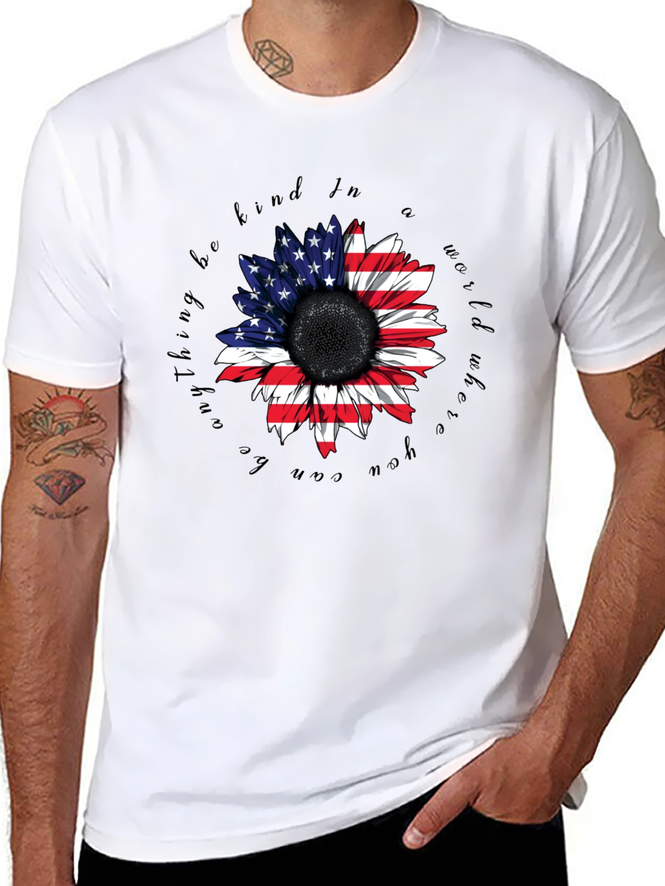 American Flag Sunflower Black T-Shirt