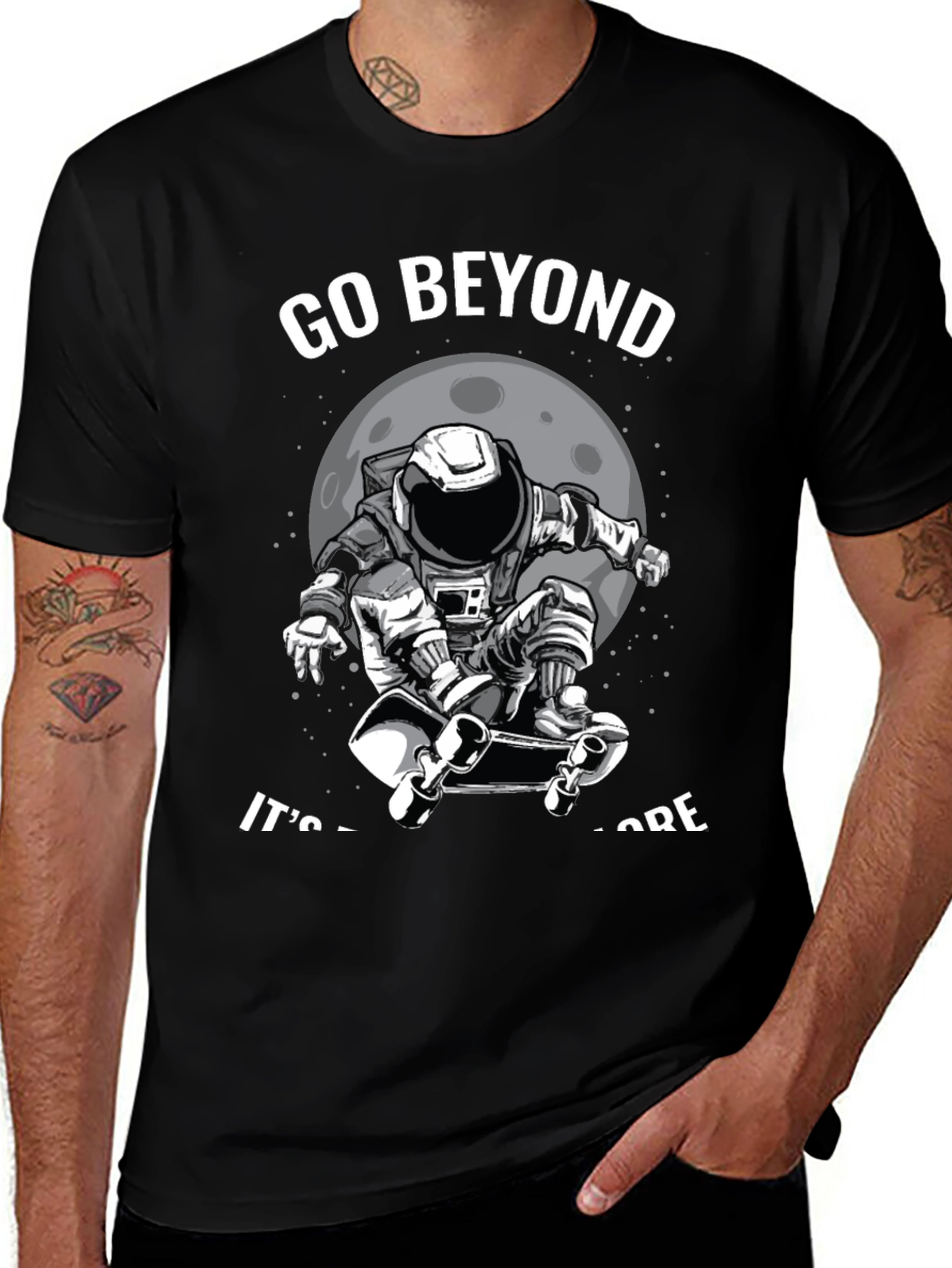 Go Beyond: Astronaut Skateboarder Black T-Shirt