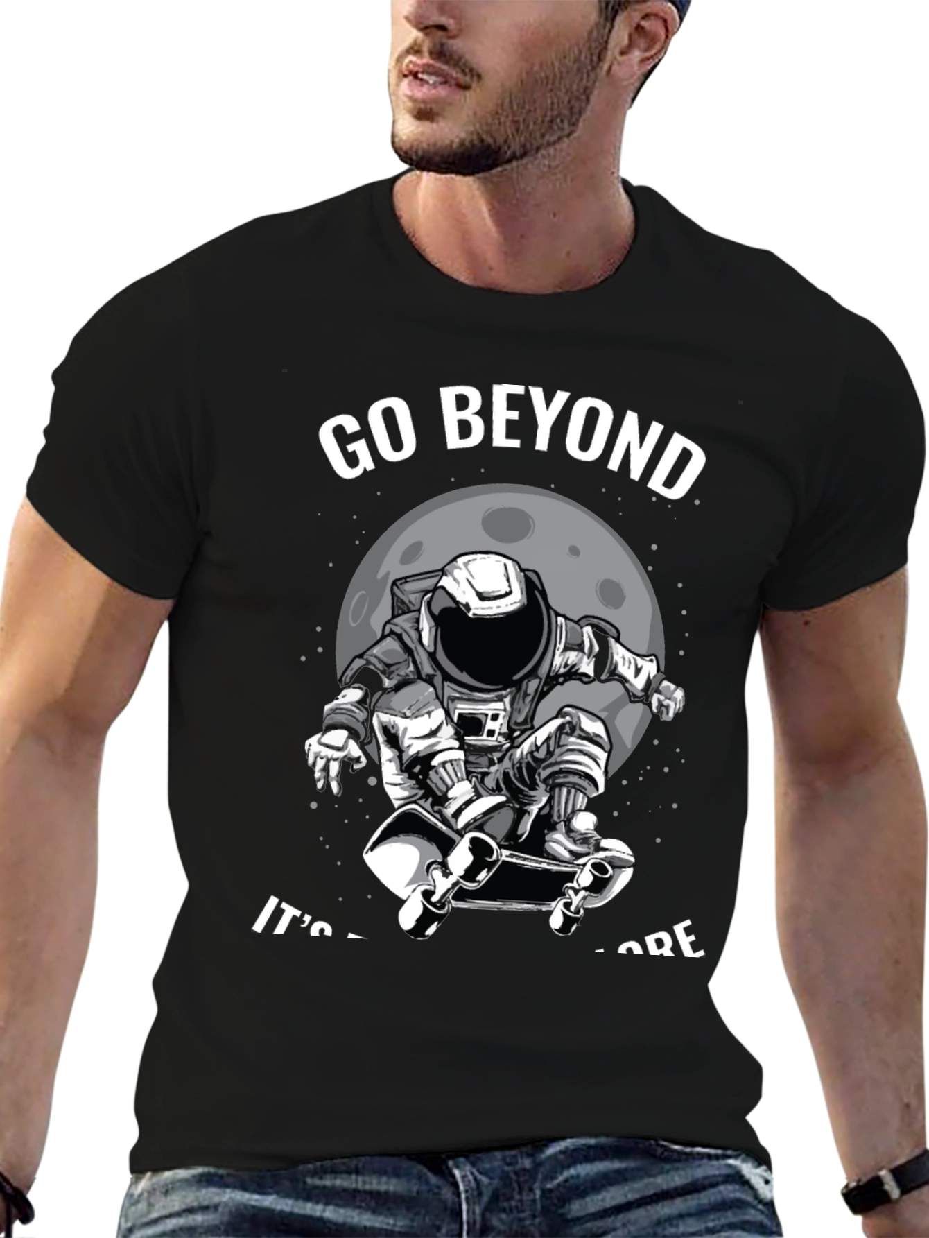 Go Beyond: Astronaut Skateboarder Black T-Shirt