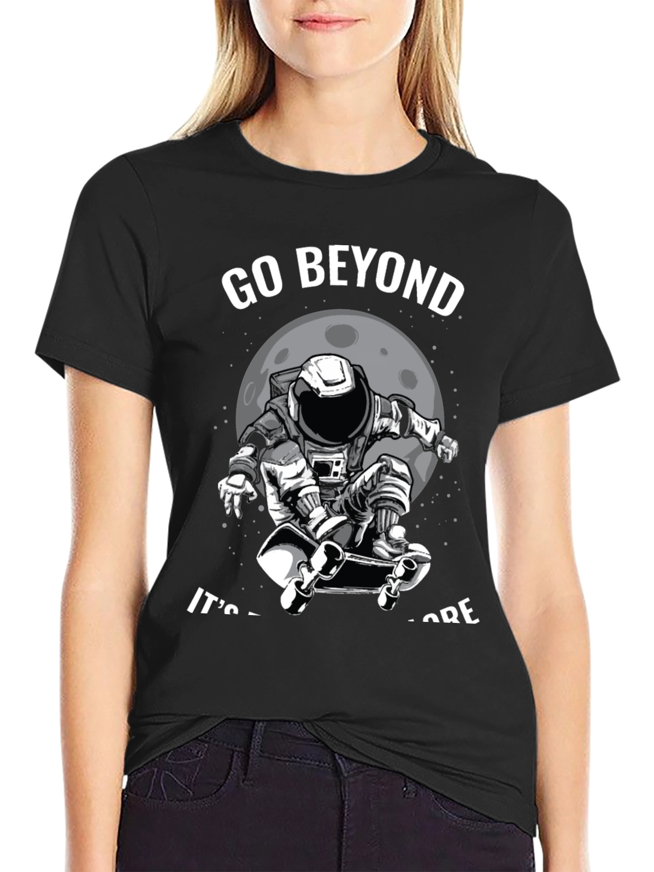 Go Beyond: Astronaut Skateboarder Black T-Shirt