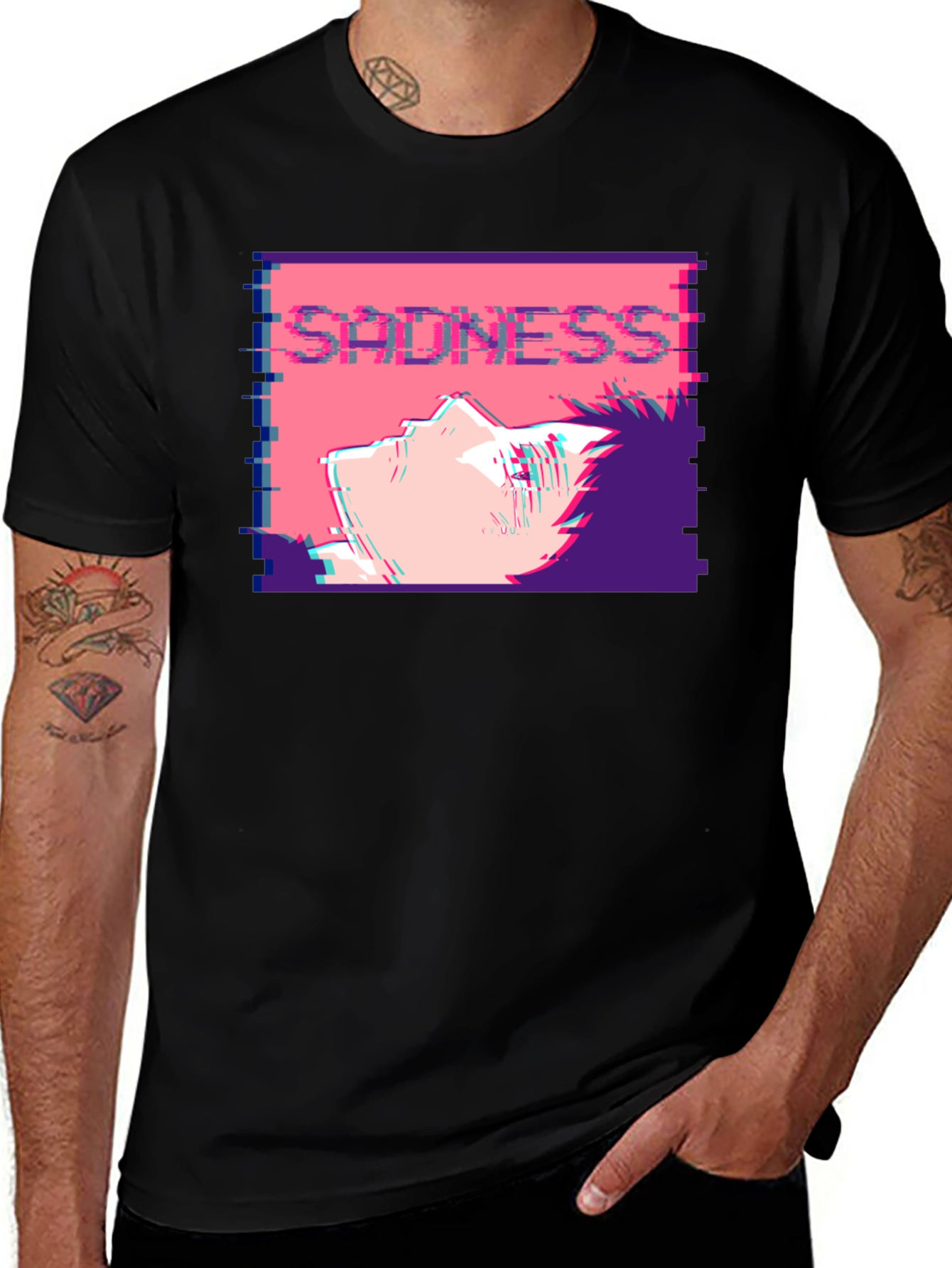 Sadness Anime T-Shirt - Glitch Aesthetic Black Tee