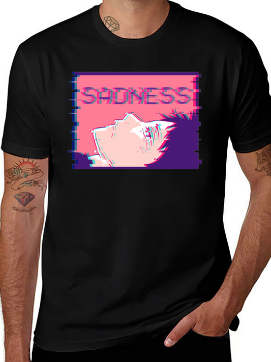 Sadness Anime T-Shirt - Glitch Aesthetic Black Tee