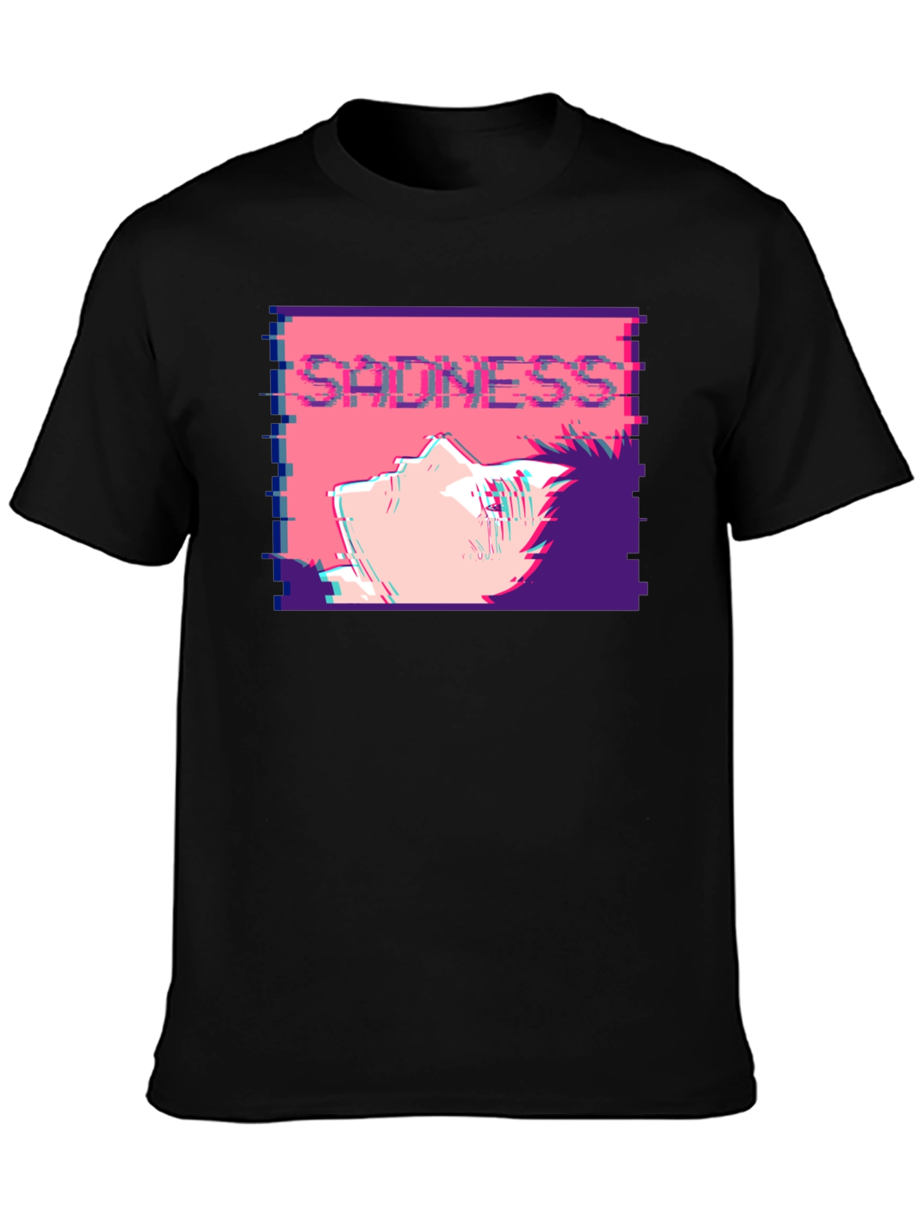 Sadness Anime T-Shirt - Glitch Aesthetic Black Tee