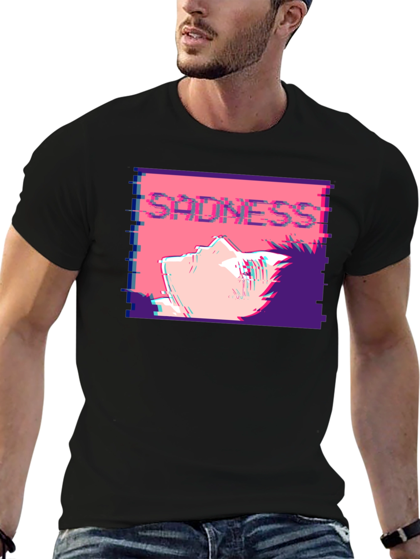 Sadness Anime T-Shirt - Glitch Aesthetic Black Tee