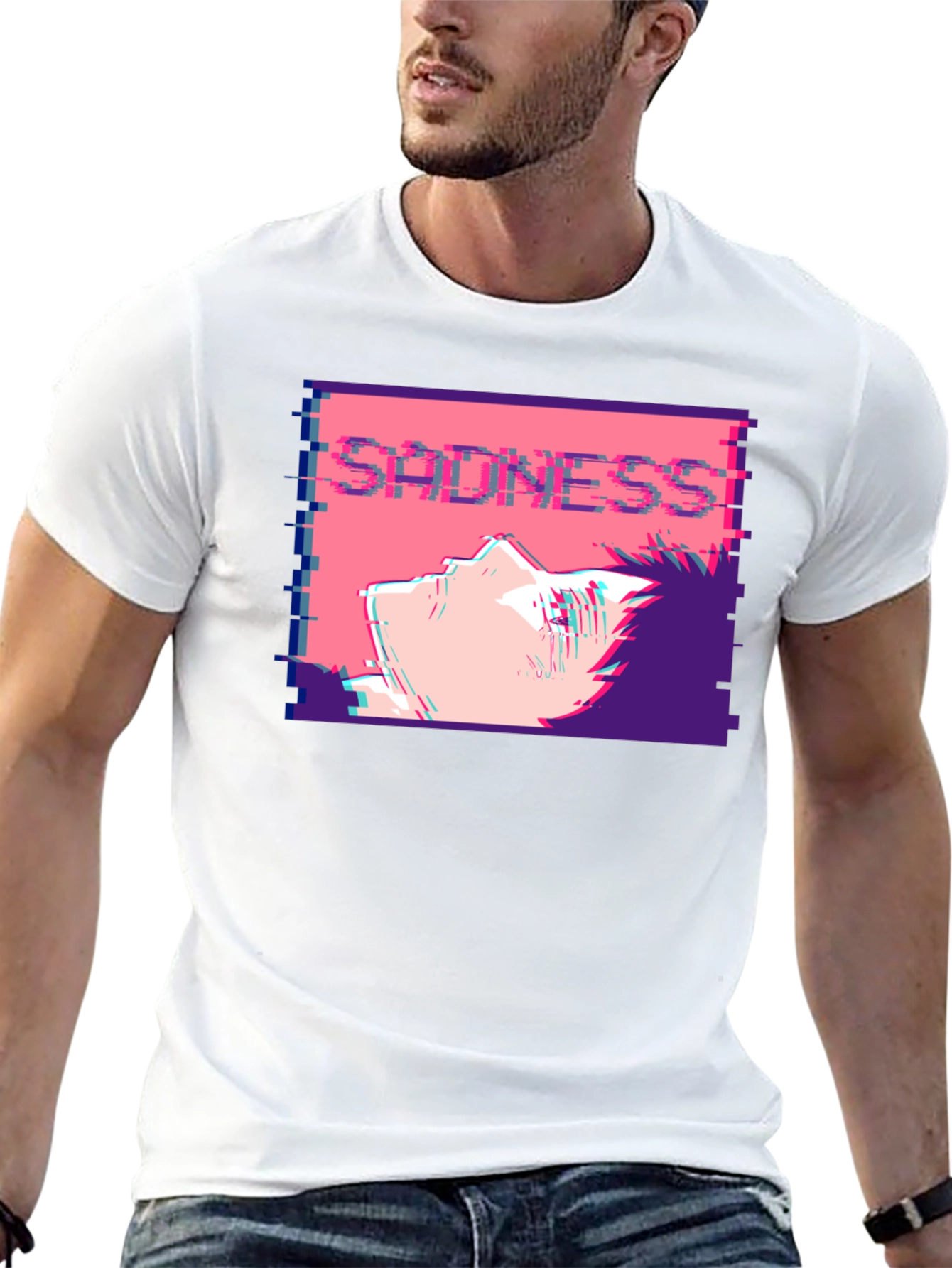 Sadness Anime T-Shirt - Glitch Aesthetic Black Tee