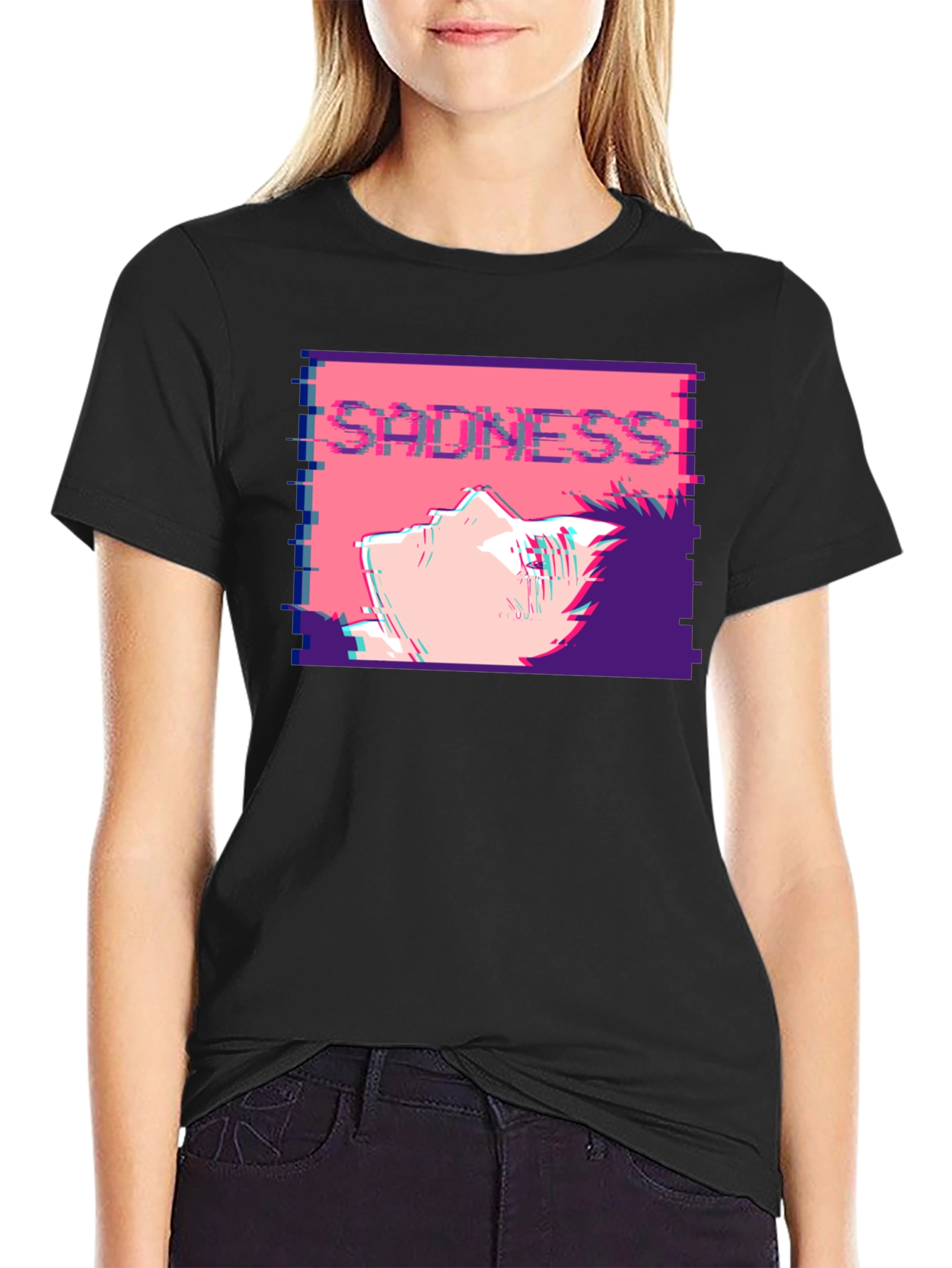 Sadness Anime T-Shirt - Glitch Aesthetic Black Tee