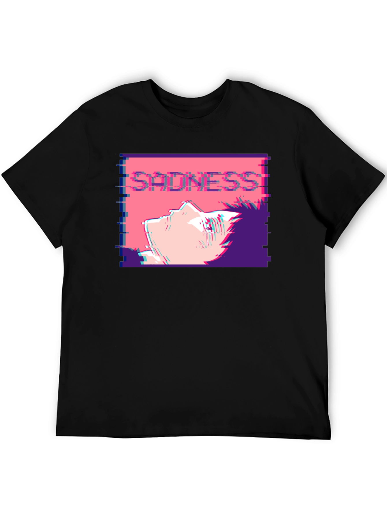 Sadness Anime T-Shirt - Glitch Aesthetic Black Tee