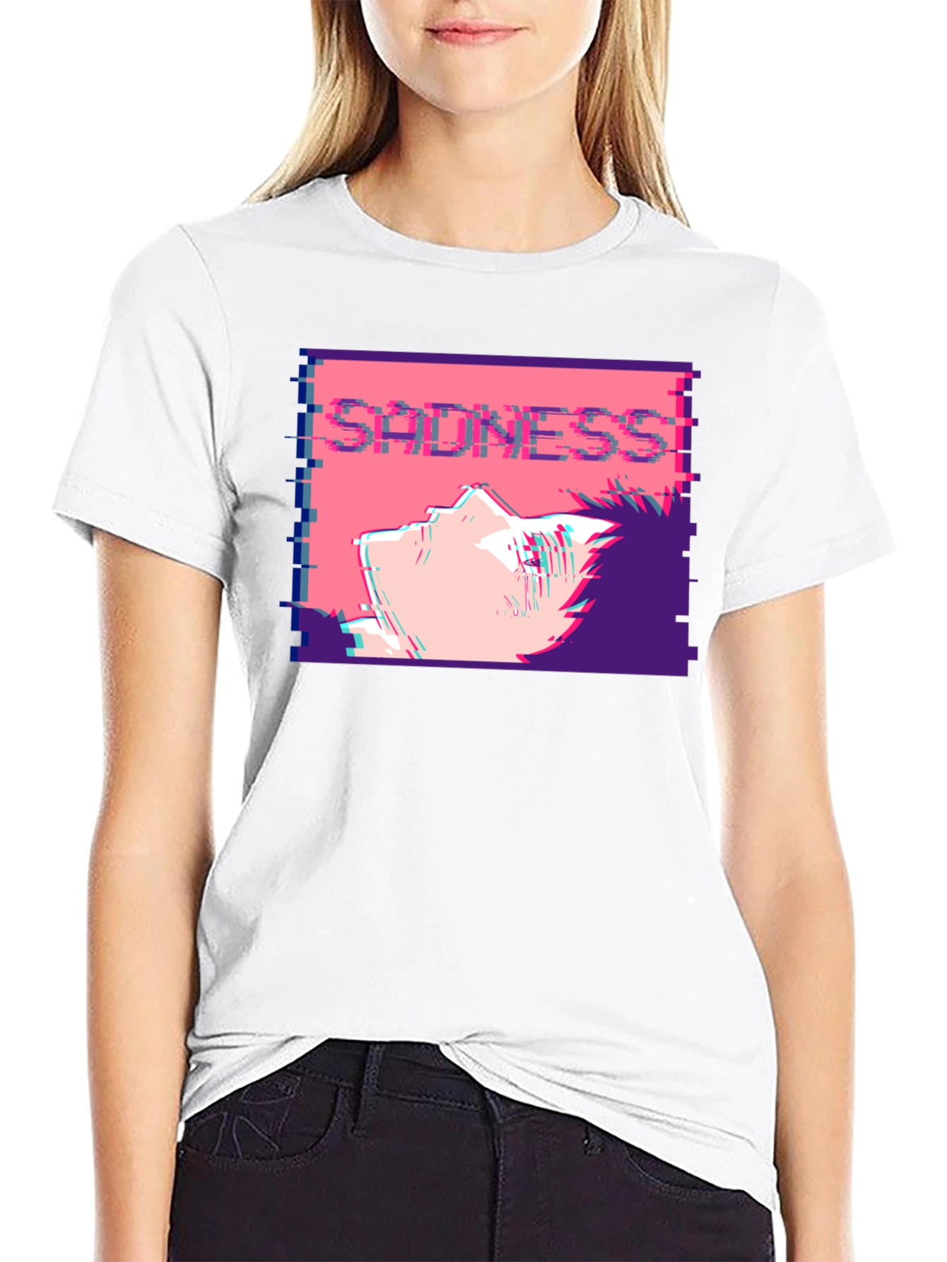 Sadness Anime T-Shirt - Glitch Aesthetic Black Tee