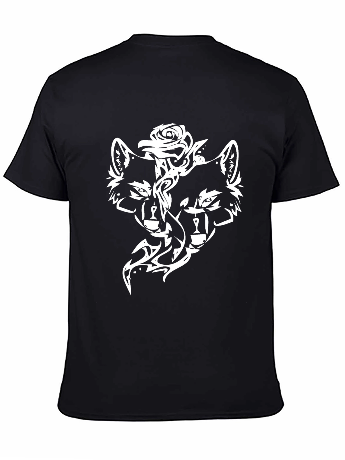 Black T-Shirt with Wolf and Rose Design