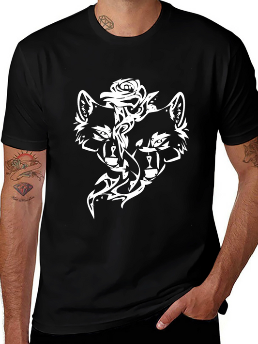 Black T-Shirt with Wolf and Rose Design