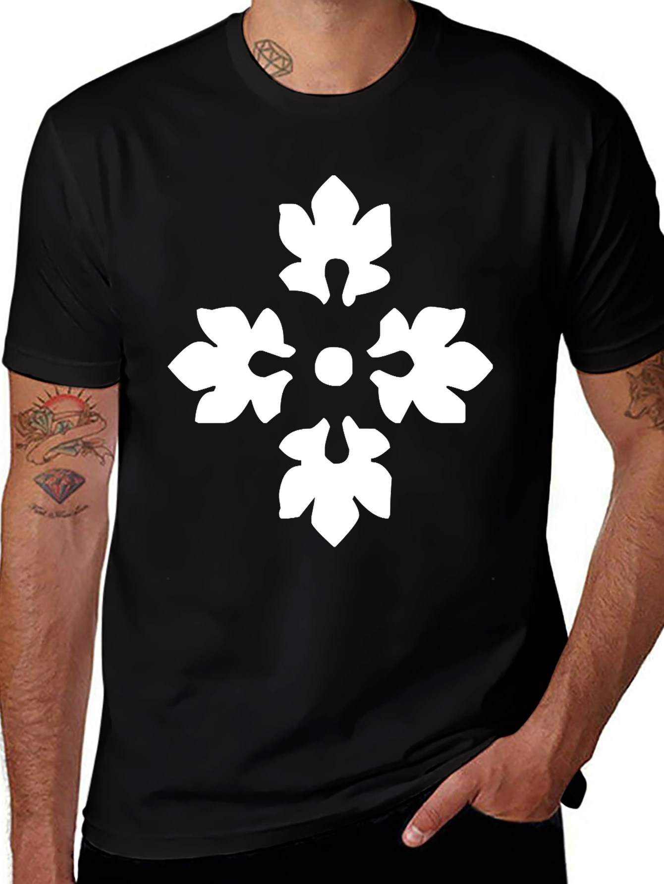 Black T-Shirt with White Floral Cross Design