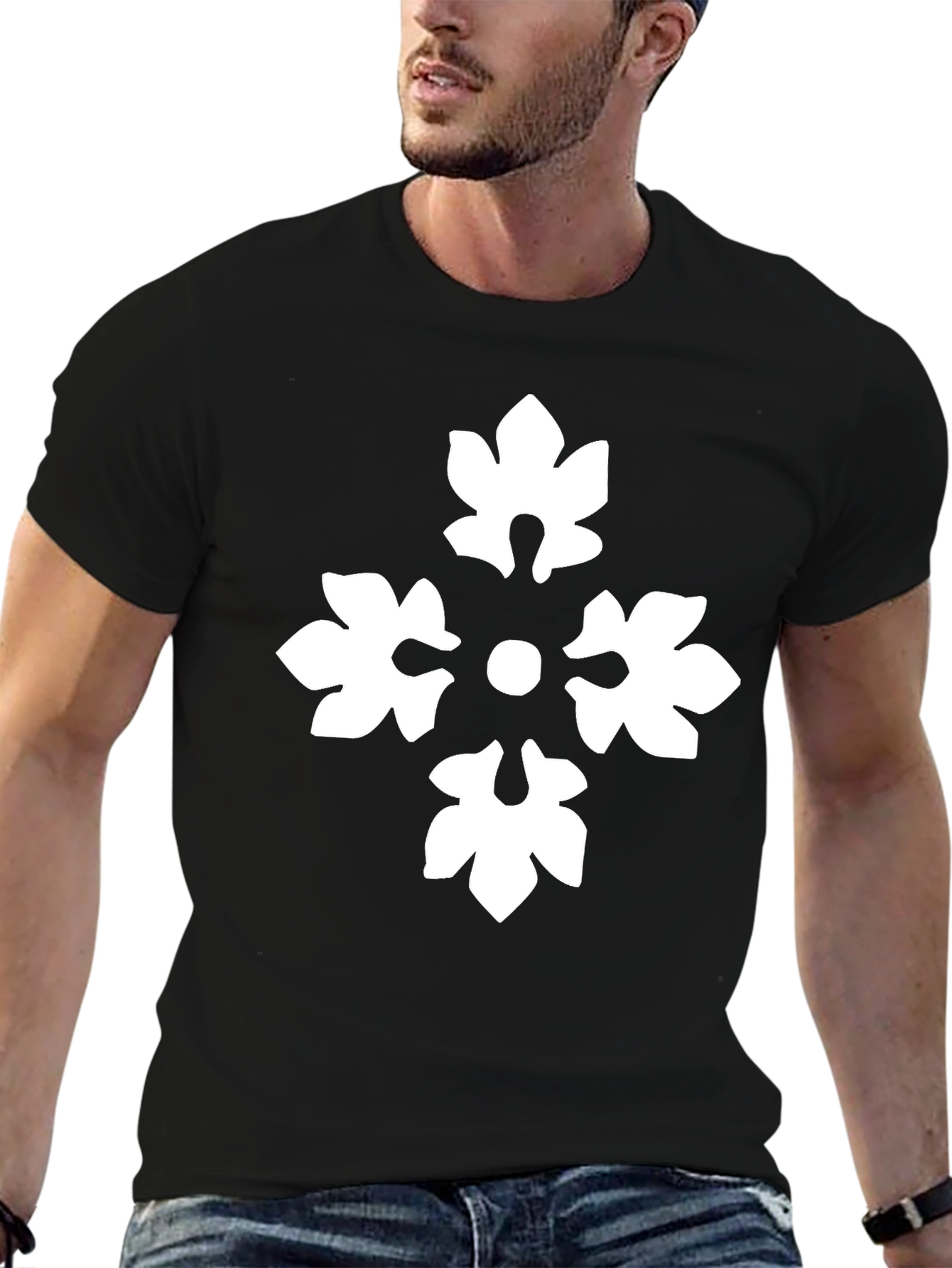 Black T-Shirt with White Floral Cross Design