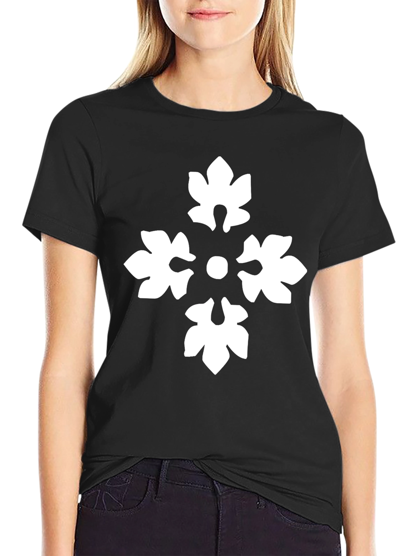 Black T-Shirt with White Floral Cross Design