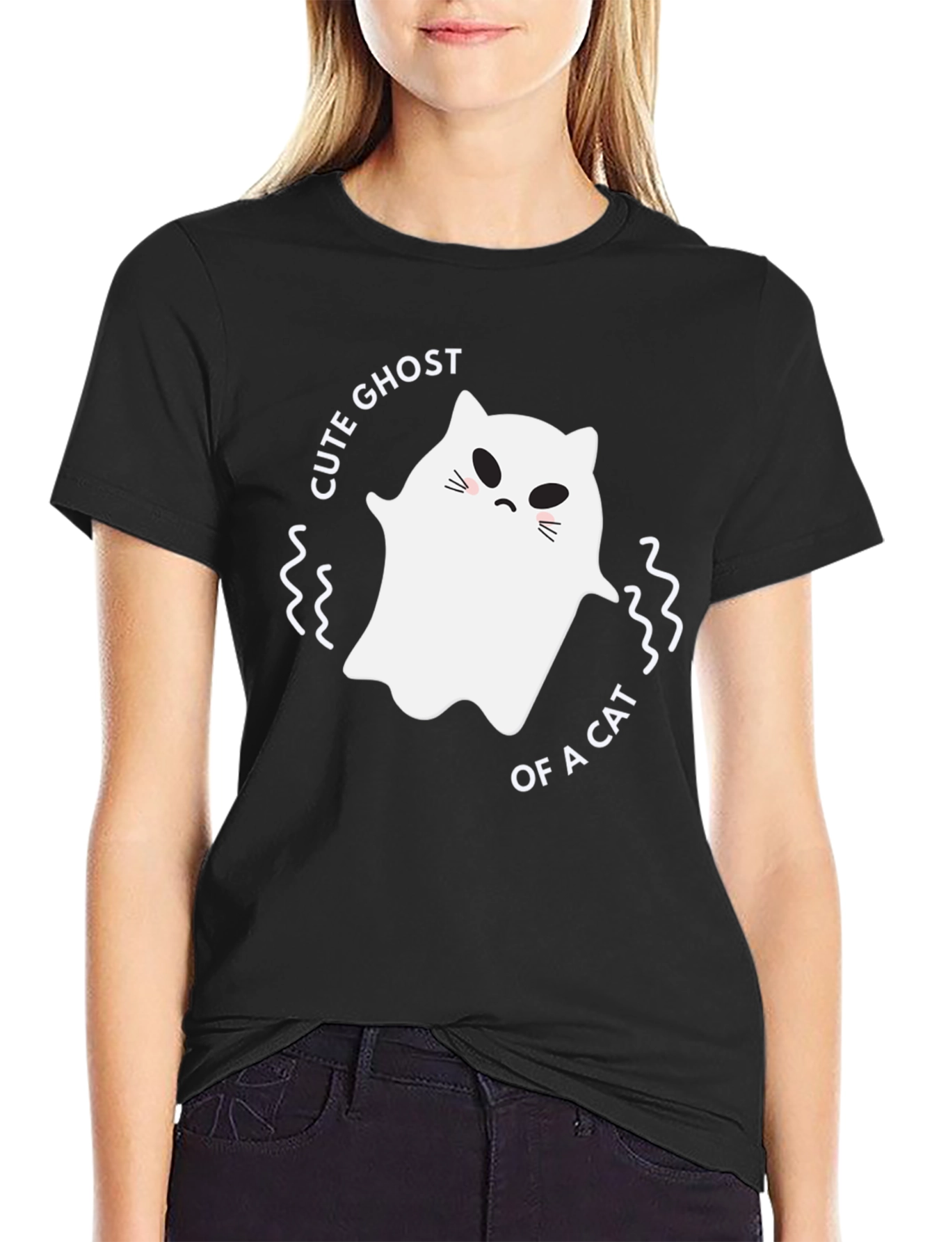 Cute Ghost of a Cat Black T-Shirt